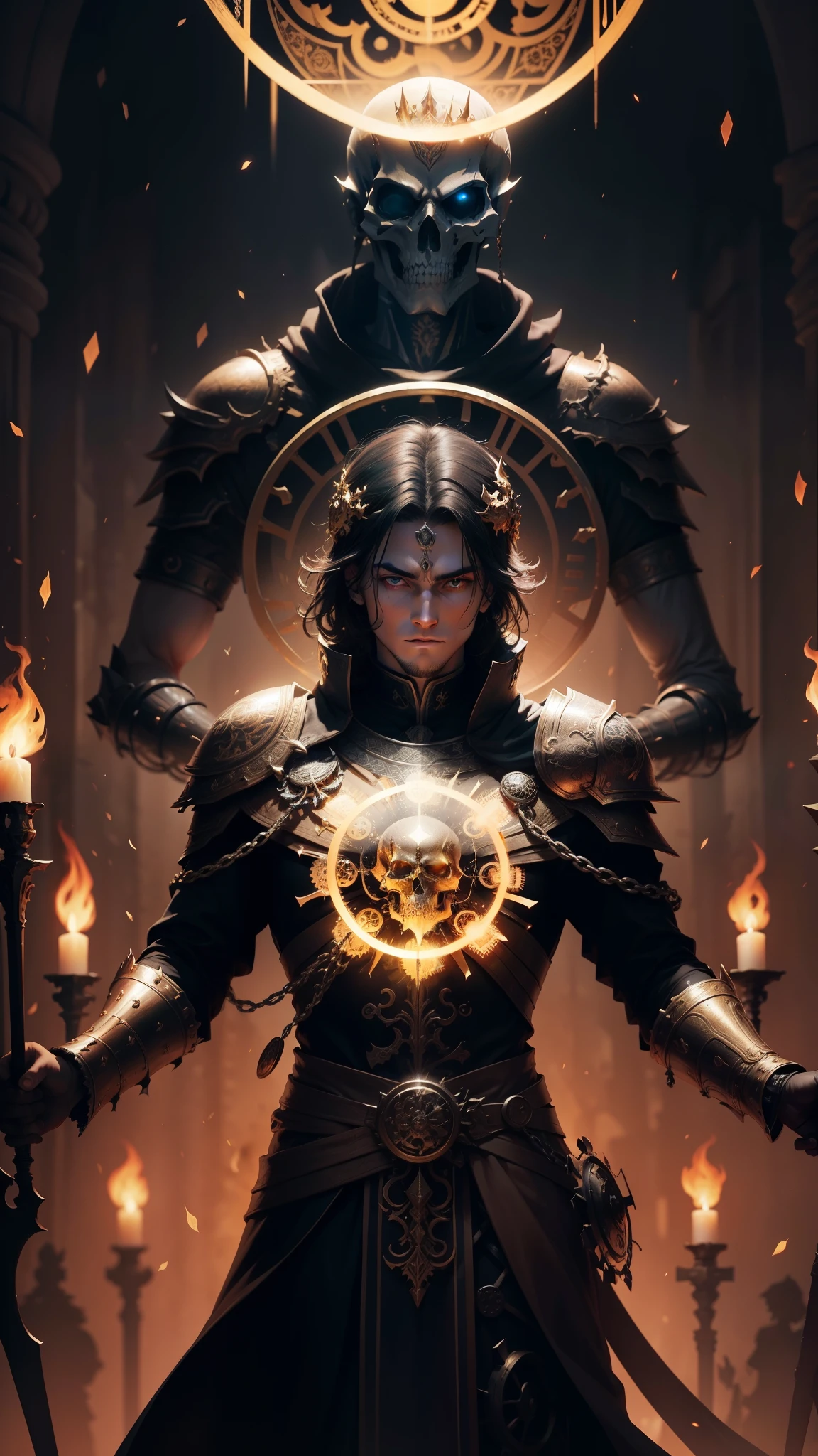 his armor shines, mirroring the flickering flames of the torches that encircle the throne. The Skeleton King's skull is crowned with a menacing halo of thorns, symbolizing the reign of fear and terror he holds over his dominion.
The King Calendar, a figure of wisdom and time, is portrayed as a statuesque, elder being, encircled by a ring of zodiac symbols and intricate glyphs. His eyes, two glowing orbs, are filled with the knowledge of the ages, reflecting the cyclical passage of time. The multitude of gears and wheels that comprise his body spin with precision, representing