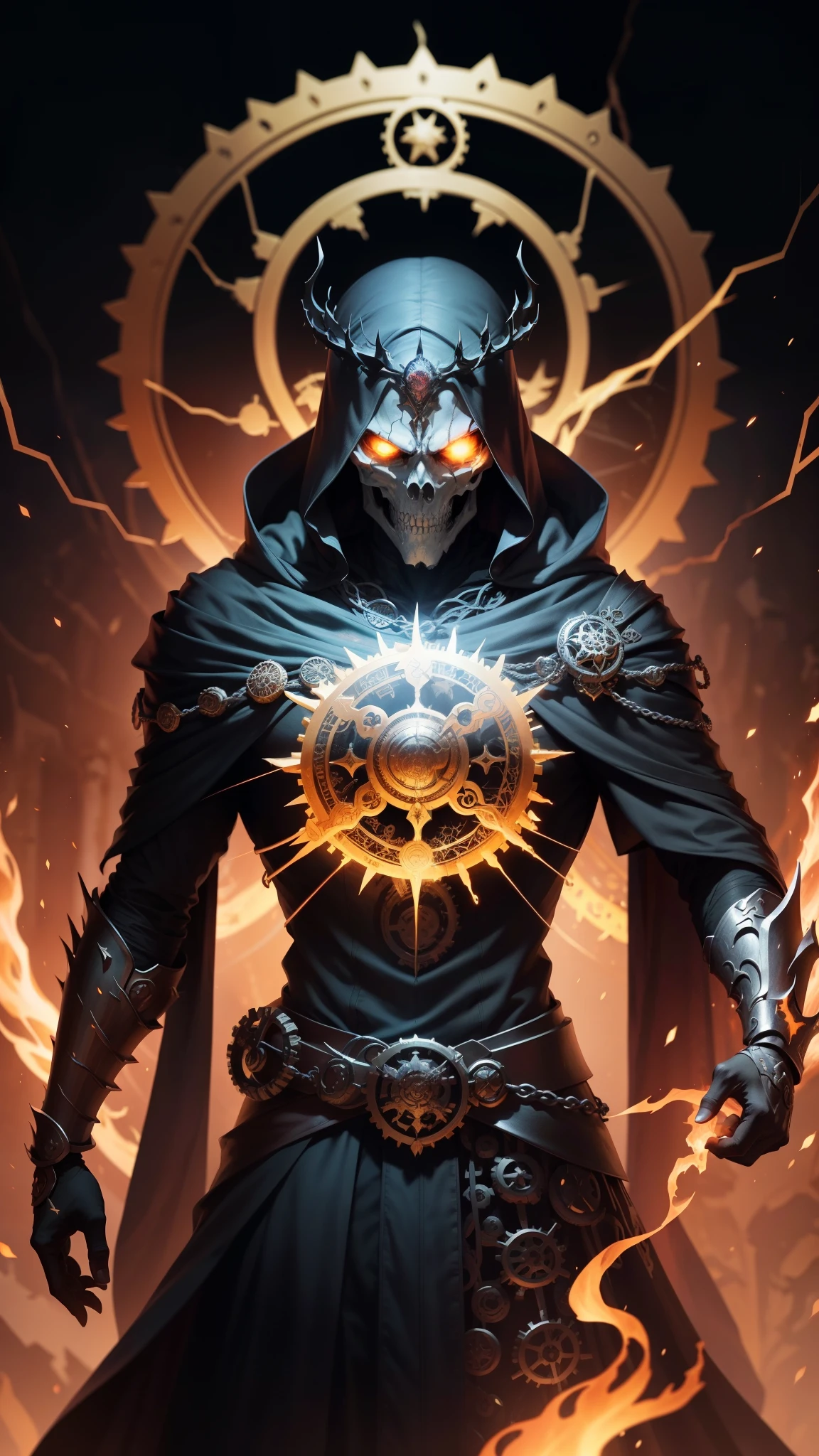 "Skeleton, electric lich. Dark, ominous aura, crackling with electricity. Glowing orange eyes, skeletal frame adorned with runes. Commanding presence, surrounded by a swirling storm of dark energy. Sinister and powerful."