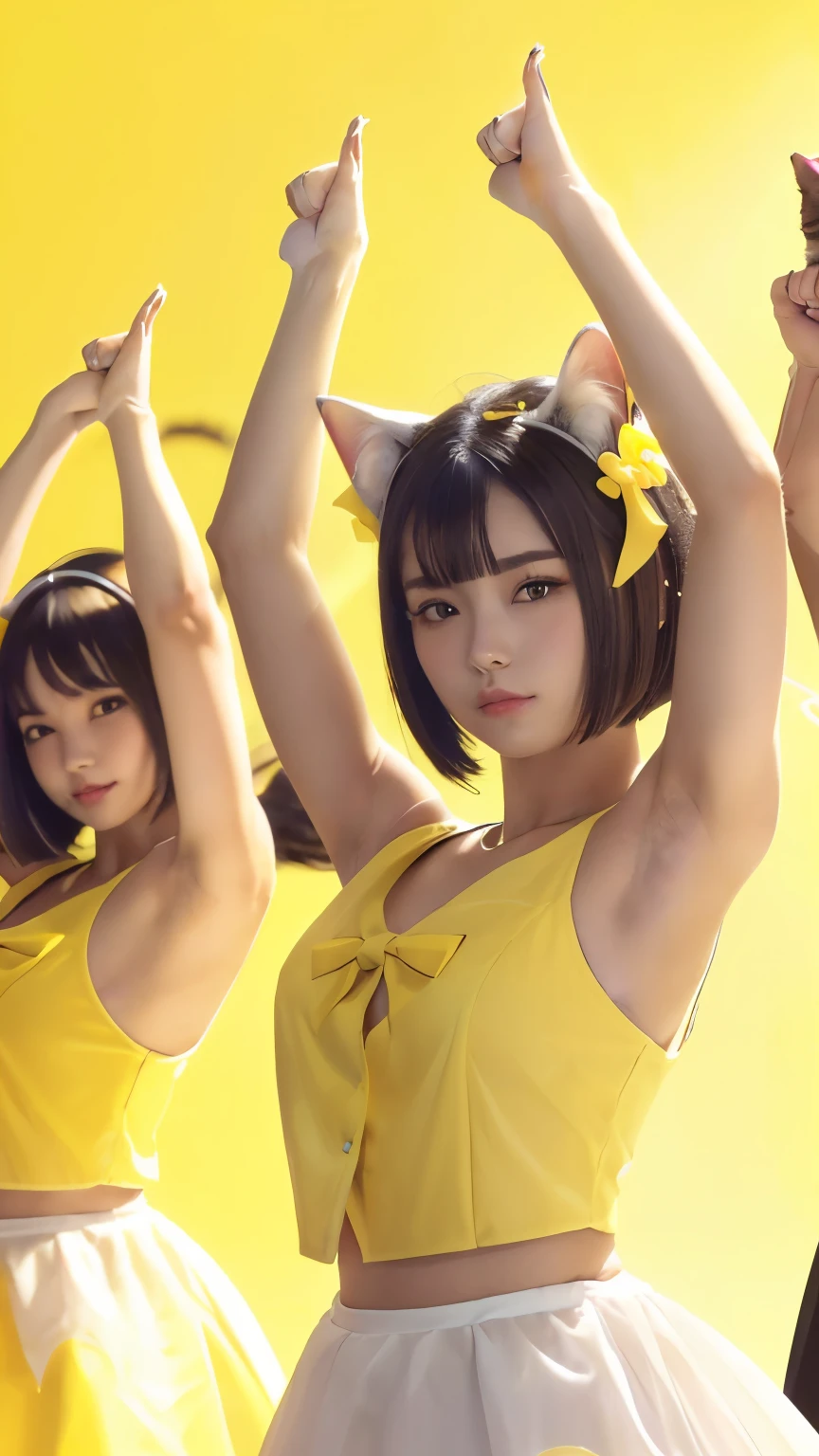 masterpiece, 4k, Bokeh, beautiful face, Harem, (2 girls:1.4), (Group Photo:1.5), (Cat ears:1.3), (white bob hair:1.3) , looking at the viewer, cowboy shot, many cats in around, (Yellow background :1.4), closeup, (Raise her right hands and open:1.6)