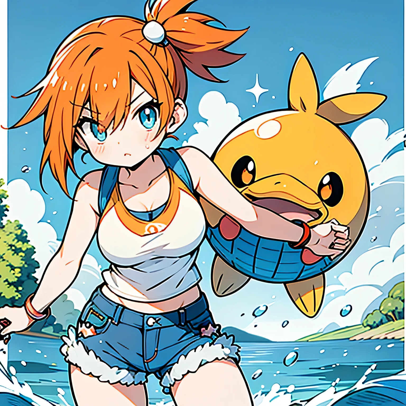 - Misty's vibrant orange hair in a side ponytail
- Wearing a yellow tank top and denim shorts
- Carrying a red and white pokeball in hand
- Posing with her loyal water-type Pokemon, such as Psyduck or Starmie
- Background of a serene water scene, like a lake or river
- Hint of determination and confidence in her expression