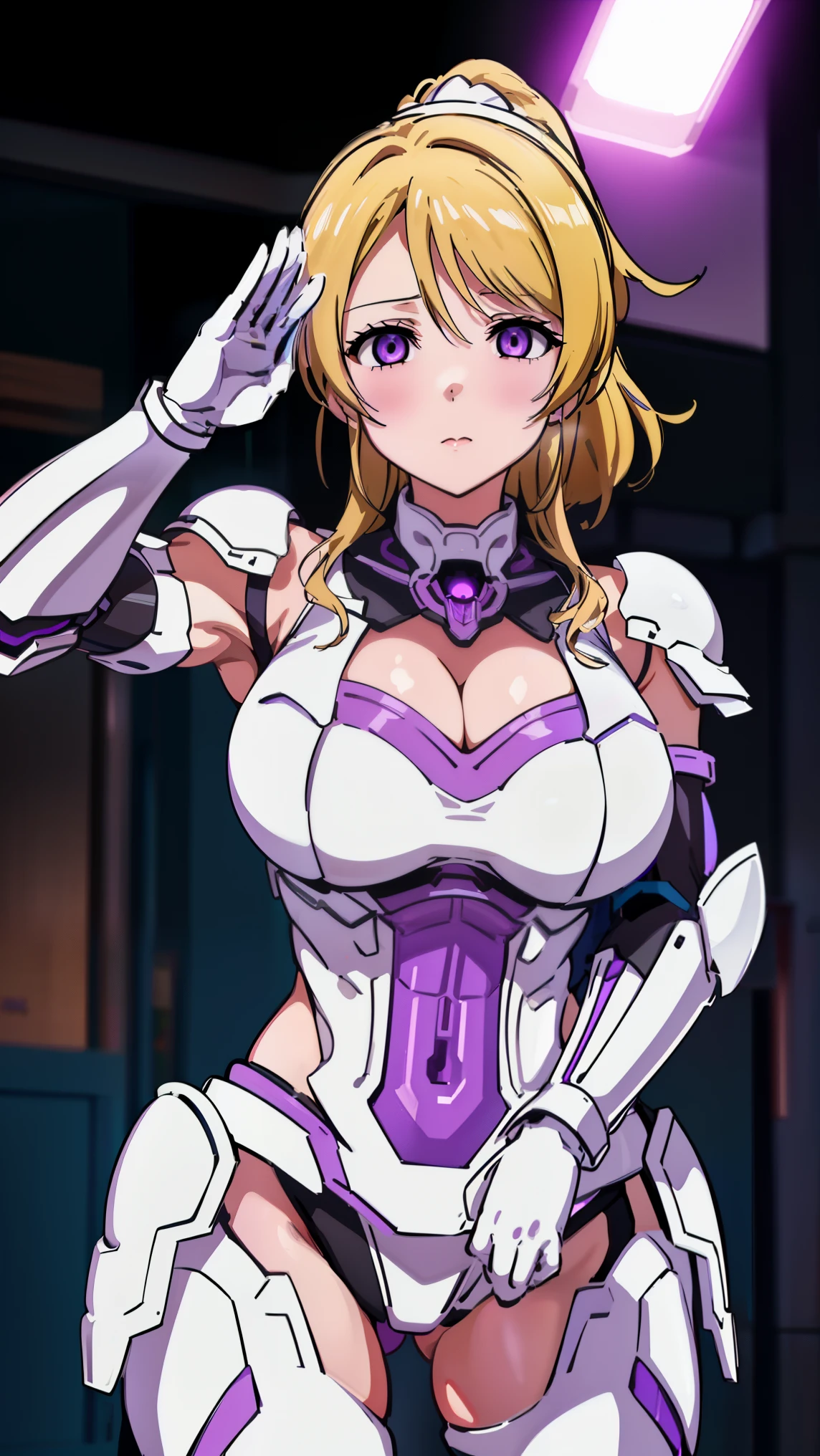 1 girl,NSFW,Eri Ayase, (lovelive), clavicle, absurd, brainwashing,  empty eyes,((purple glowing eyes 1.5))( huge breasts ), No expression, emotions are removed,((黒のMECHA ARMOR FULL SUIT, CLEAVAGE )),muscular abs, look away , cowboy shot, ((stand up, salute)),(highest quality、4k、8K、High resolution、must have:1.2)、Super detailed、(reality、that&#39;s reality的な、reality的な:1.37)、ticker、hyper hd、studio lighting、ultra definition paint、sharp focus、Physically based rendering、extreme details、Professional specifications、vibrancy and color、blurry、sports portrait、landscape、horror style、anime big breasts、SF、photograph、concept artist、five fingers, perfect body,  {{{masterpiece}}}, {{{highest quality}}}, {{Super detailed}}, {shape}, {{very delicate and beautiful}},Improved cost performance、all roles、Canon 5D MK4でphotograph、photograph, 