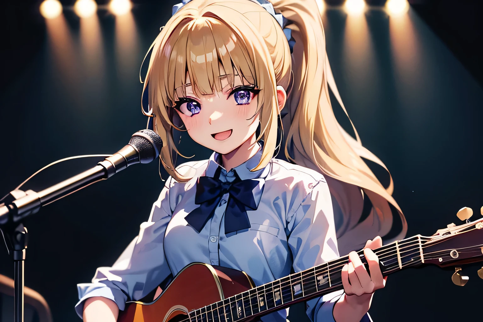 hight resolution, top-quality, ultra-quality, The ultra-detailliert, perfect anatomy, lighting like a movie, a girl ( Kei Karuizawa) singing in stage, blonde hair with ponytail hairstyle and Violet eyes, long shot POV, looking at viewer, spotlight lightning, play guitar, good mood, mic stands, smiling, perfect body, anime style 