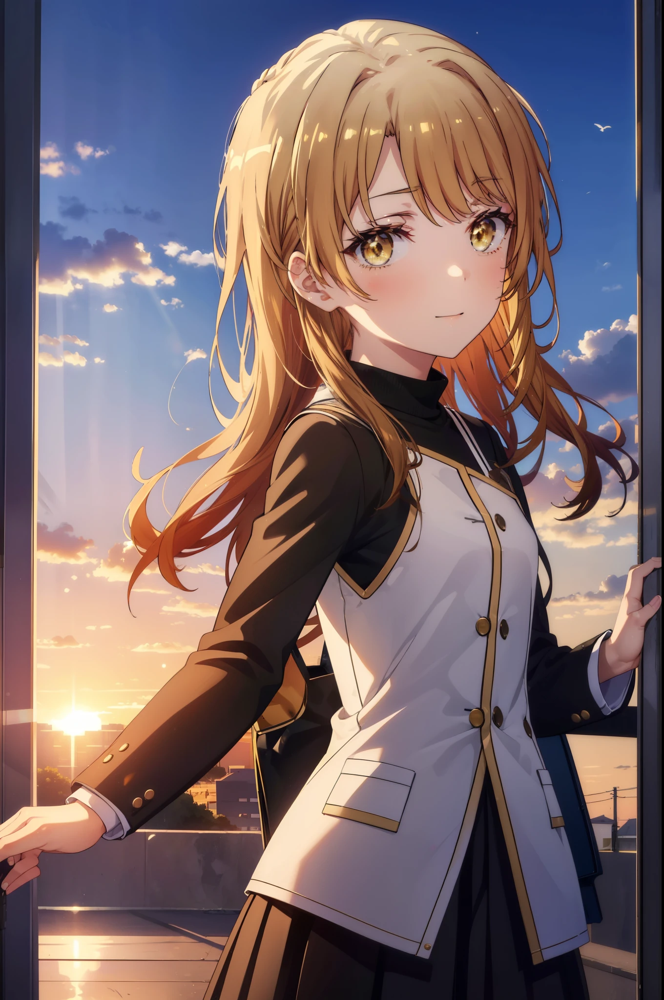 irohaisshiki, Isshiki Iroha, long hair, brown hair, (brown eyes:1.5), happy smile, smile, open your mouth, Are standing,From above,yellow long coat,White turtleneck,black long skirt,Mini Boots,black pantyhose,evening,sunset,the sun sets,whole bodyがイラストに入るように,
break outdoors, city,building street,
break looking at viewer,whole body, (cowboy shot:1. 5)
break (masterpiece:1.2), highest quality, High resolution, unity 8k wallpaper, (shape:0.8), (beautiful and detailed eyes:1.6), highly detailed face, perfect lighting, Very detailed CG, (perfect hands, perfect anatomy),