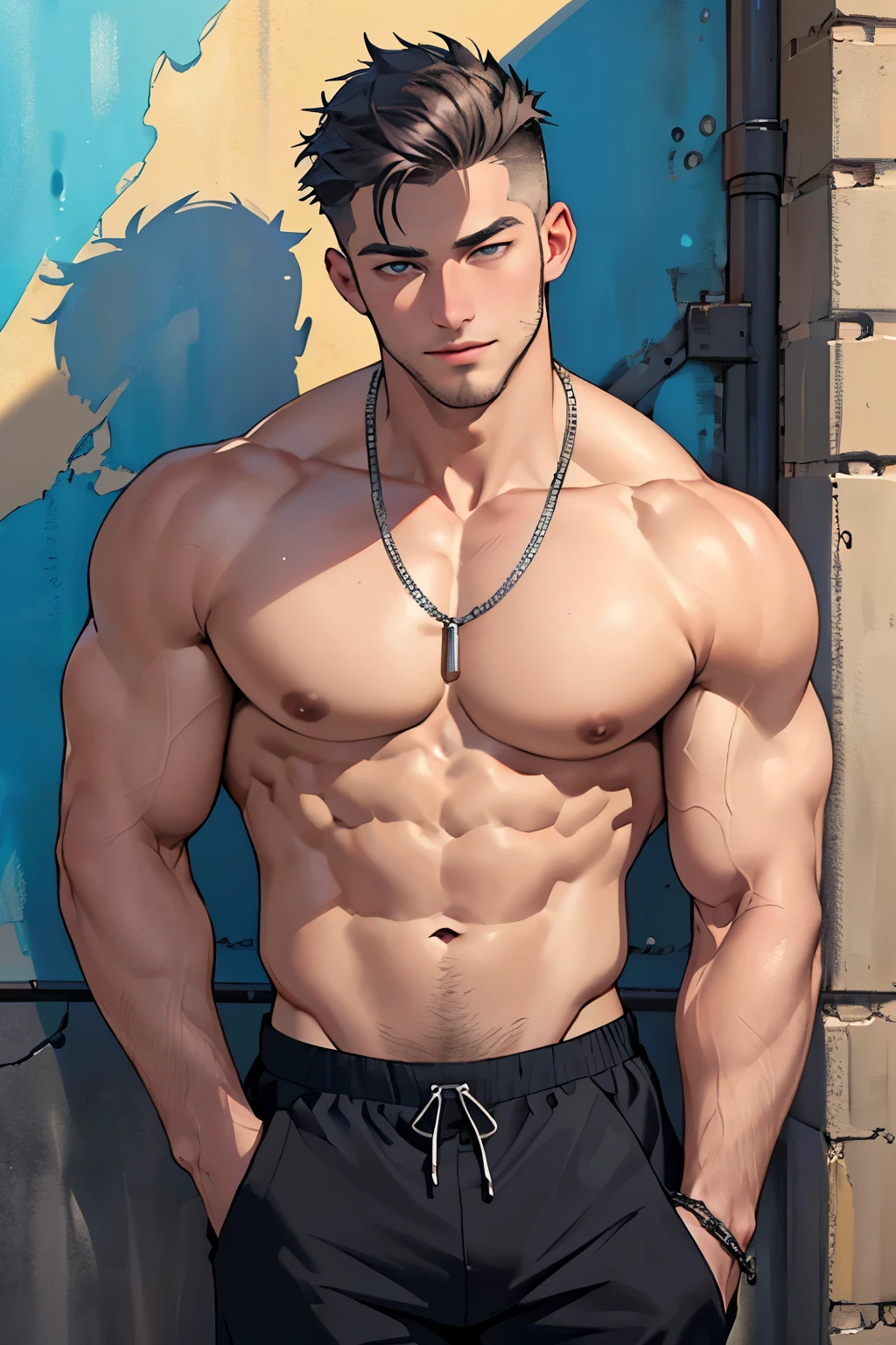 ((the best quality)), ((Masterpiece)), (details), perfect face, high definition, Masterpiece,4k,details clearly, Handsome face, white skin, perfect body, male body, strong muscles, abdomen, blue eyes, white skin, The most handsome man in the world, handsome, The coolest face, Male characters, close image (1man, shirtless), young man, mischievous smile, Extremely muscular tall man, open your eyes ((detailed eyes)), huge, muscular body and Massive, bulging pecs, muscular abs, narrow waist, short hair, blue eyes, delicate big eyes, carefree expression, clear face, handsome (detailed face, perfect face) ((extremely realistic shadows, bodybuilding posture, human, ((22-year-old young man)), V shape, athletic pants, athletic, Shirtless, Sunlight, Street wall, lower pants, topless, close up look, CG sense, Textured skin, the best quality, Storytelling images, athletic fashion, lower your pants, show Panty line, silver chain on neck