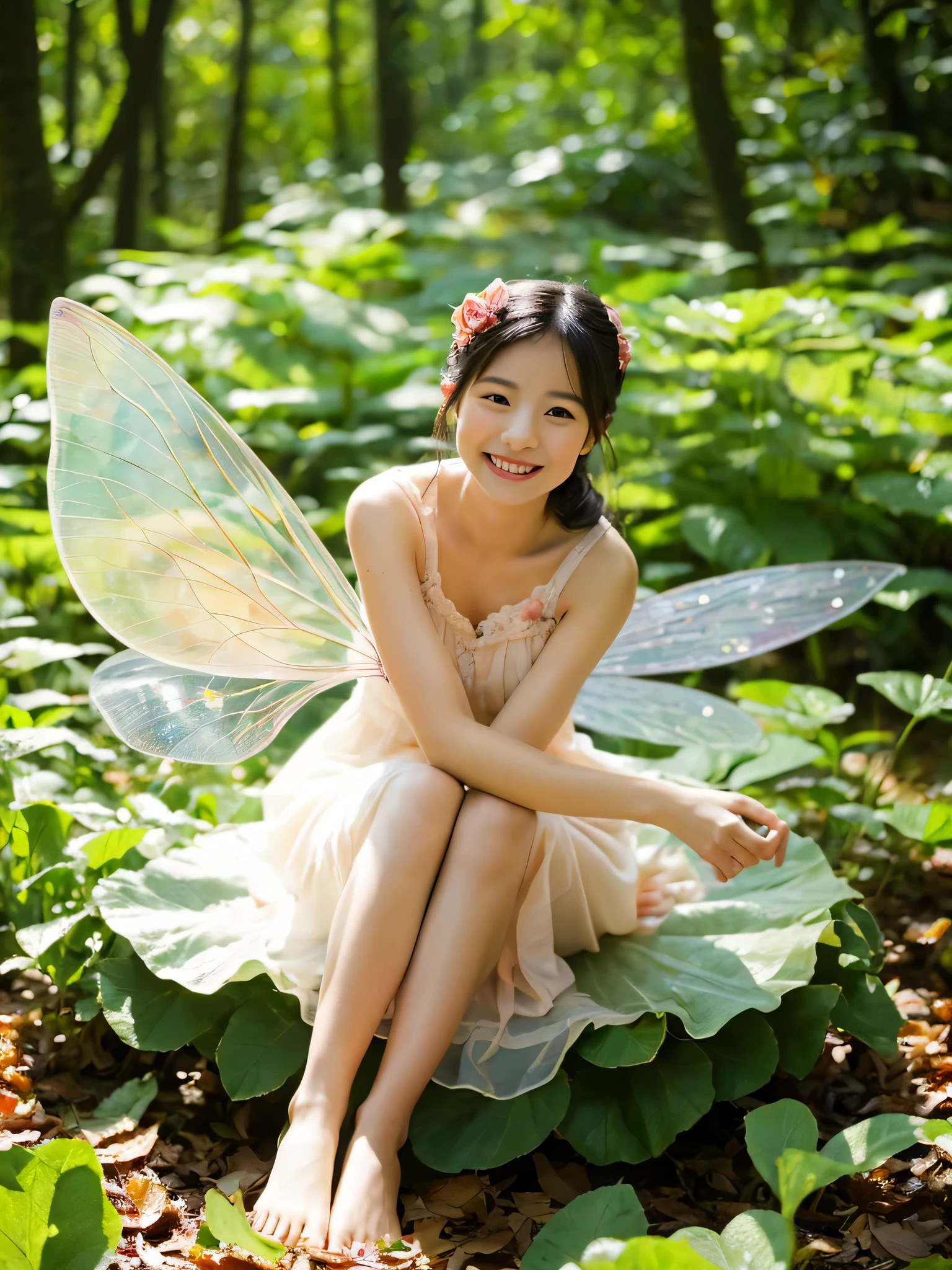 image of a fairy, sat on a leaf, smiling at the camera, very realistic.