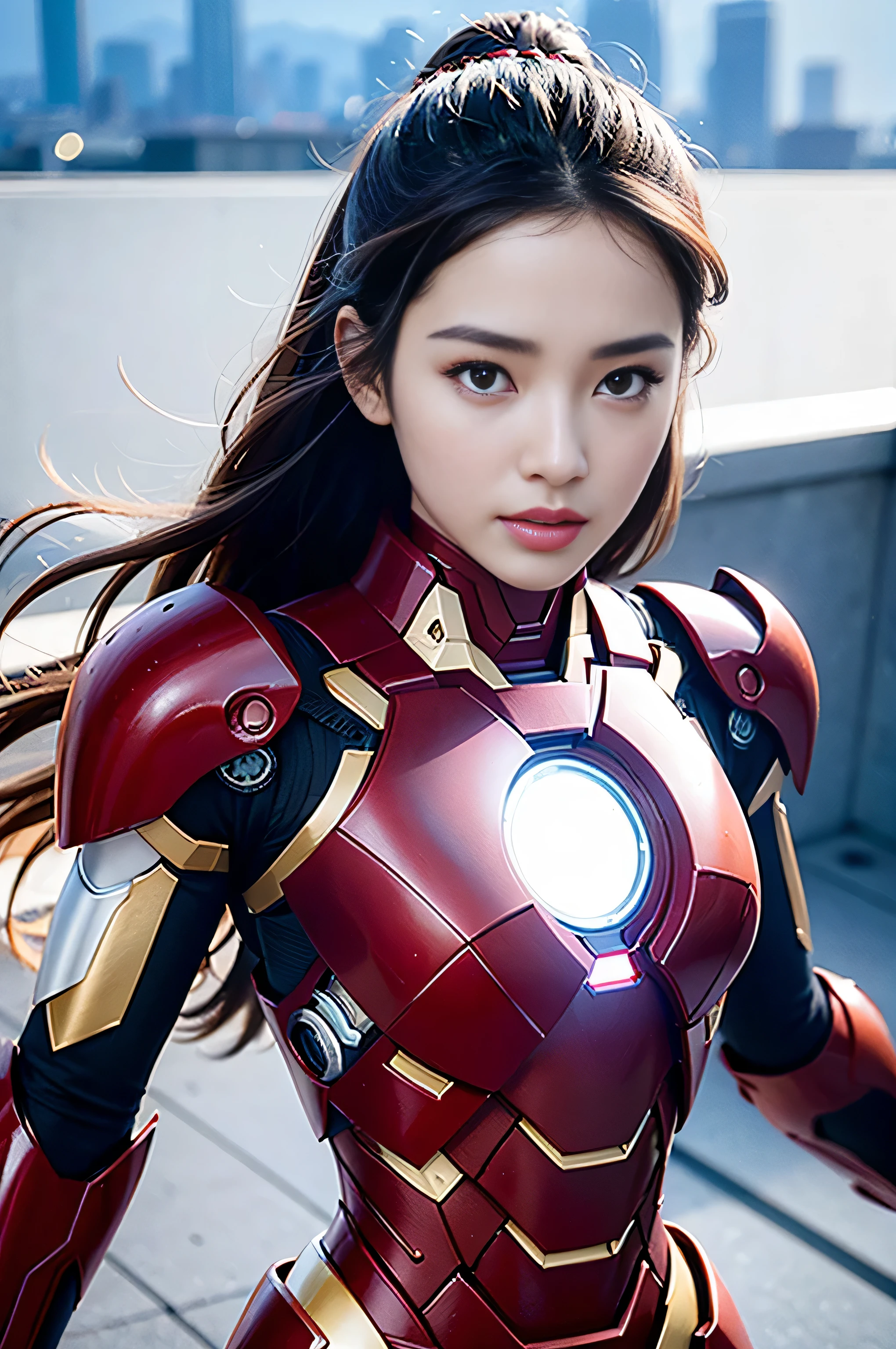 primitive, Masterpiece, super thin photo, Best quality, ultra high resolution, Photorealistic, raining day，Full body photo， Incredibly beautiful, Cowboy fighting pose, Delicate face,Vibrant eyes, (frontage), She wears an Iron Man mech, Black and red color scheme, Roof background, Highly detailed, Detailed face,  Gorgeous, Highly detailed skin, Realistic skin details, Visible pores， Sharp focus, volume fog, 8K  UHD, SLR camera, High quality, filmgrain, light-skinned, Photorealism, DL, On the roof of the future technology city，Huge