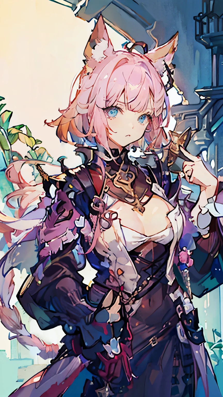 1 miqo'te woman、short bob hair、pink hair color、No bangs、blue eyes、perfect face、beautiful woman、astrologer、Charm、fantastic background