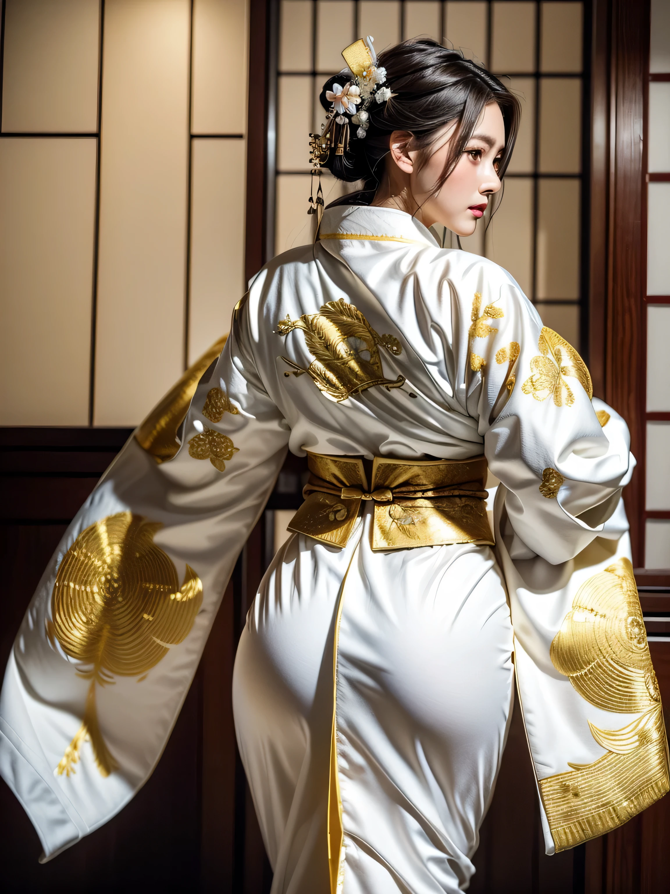 (Beautiful model in Japanese kimono commercial, beautiful straight long black hair), solo, ((face is 80% beauty and elegance, 20% pretty and cute:1.5)), clear eyes, (detailed eyes, light green eyes, bright pupils), Double Eyelids, (sexy lips with a little thickness:1.2), ((super detailed and incredibly high resolution Deep-white Kimono:1.2)), Highly Detailed Face Texture, striking body shape, curvy and very attractive woman, high-resolution RAW color photo pro photo, BREAK ultra high-resolution textures, High-res body rendering, big eyes, unparalleled masterpiece, incredible high resolution, super detailed, stunning ceramic skin, BREAK ((Facing back to show the pattern of the Kimono:1.5)), ((Wearing a white kimono with plenty of glittering gold embroidery of a rising chinnese-dragon:1.5)), ((The white kimono has a very dazzling embroidery of a rising chinnese-dragon:1.2)), ((Not wearing an Obi:1.2)), (Finely crafted and sensual Japanese kimono), ((The embroidery pattern is a Chinese dragon rising to the sky):1.2), ((elaborately and elegantly decorated White Kimono)), (Taken in front of a round fusuma window in a Japanese-style room)) BREAK ((Best Quality, 8k)), Crisp Focus:1.2, (Layer Cut, Big:1.2), (Beautiful Woman with Perfect Figure:1.4), (Beautiful and elegant rear view:1.3), Slender waist, (Correct hand shape:1.5), (Full body shot | cowboy shot)