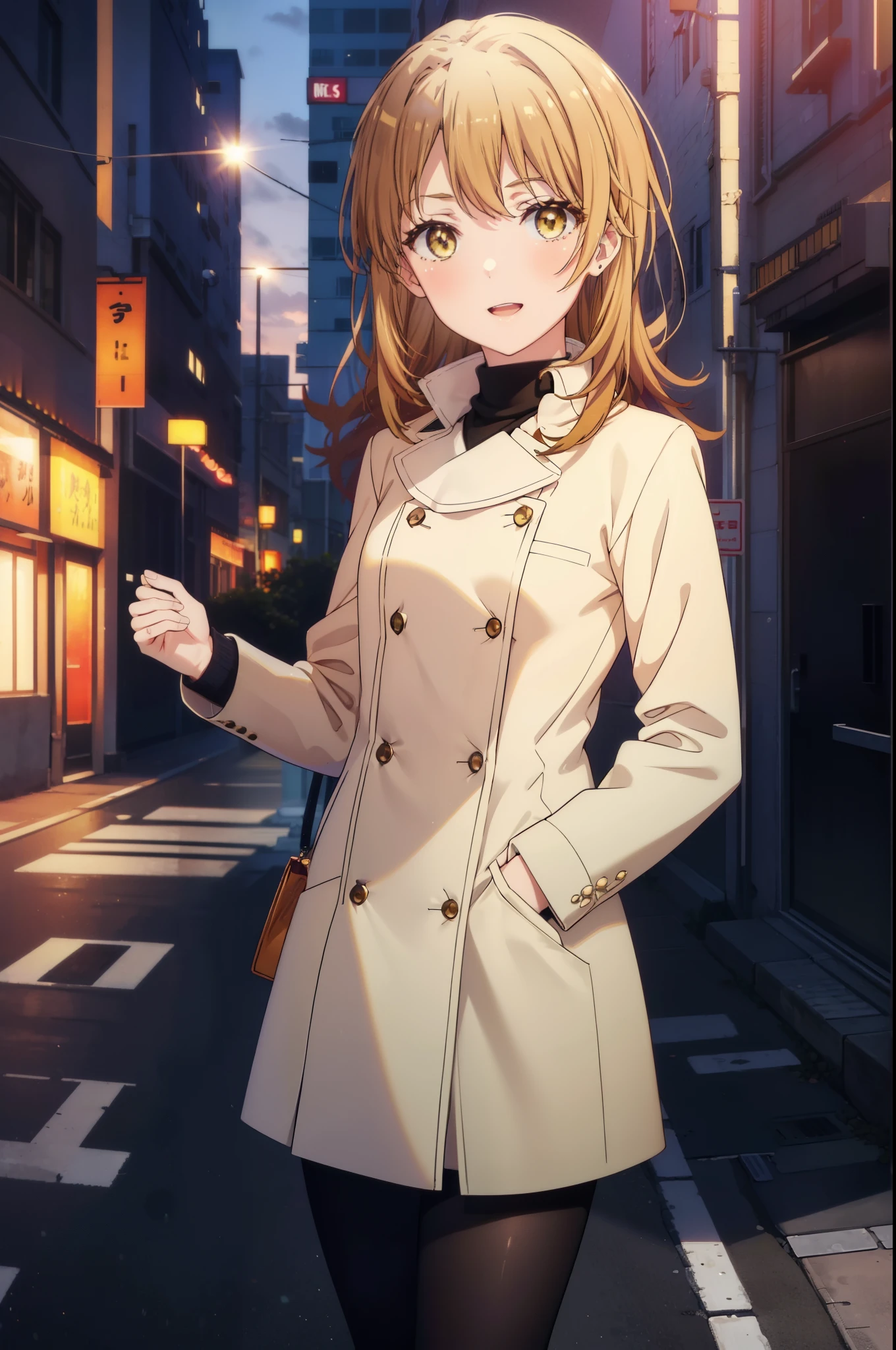 irohaisshiki, Isshiki Iroha, long hair, brown hair, (brown eyes:1.5), happy smile, smile, open your mouth, Are standing,From above,yellow long coat,White turtleneck,black long skirt,Mini Boots,black pantyhose,evening,sunset,the sun sets,whole bodyがイラストに入るように,
break outdoors, city,building street,
break looking at viewer,whole body, (cowboy shot:1. 5)
break (masterpiece:1.2), highest quality, High resolution, unity 8k wallpaper, (shape:0.8), (beautiful and detailed eyes:1.6), highly detailed face, perfect lighting, Very detailed CG, (perfect hands, perfect anatomy),