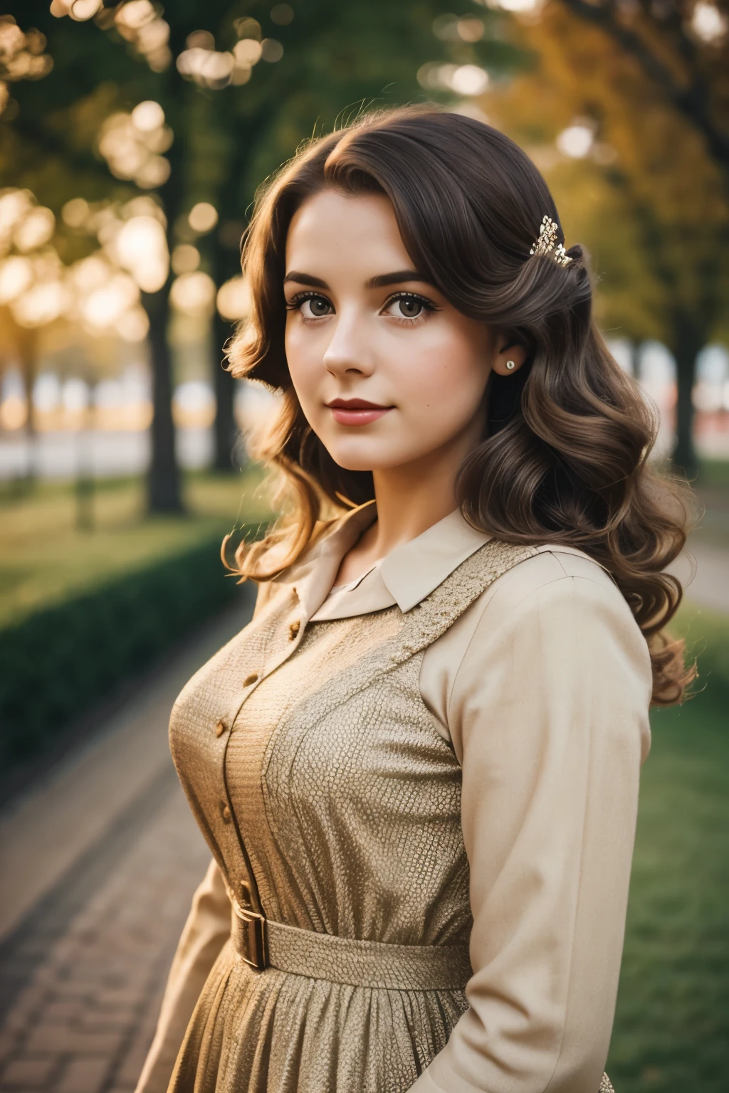 retro vintage, photography, 1940s, young woman, 1girl, 8k, hd, vintage dress, city park, stylish, wavy hair, brown hair, close up, european woman, evening, muted color grading