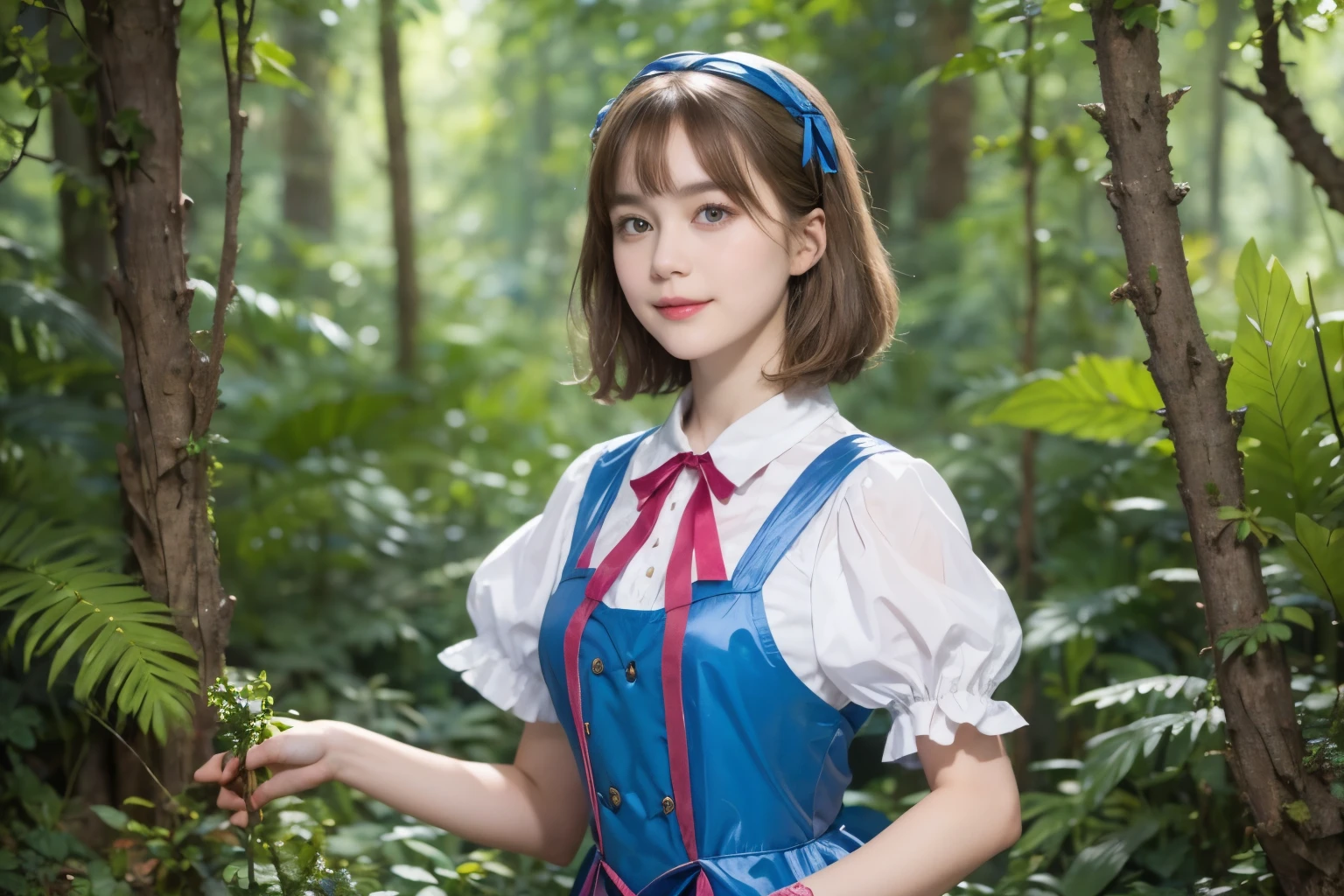 (alice in wonderland), 1-9-1, (She wears a large triangular ribbon on her head.), short hair, young woman, gentle smile, colorful clothes, in the deep forest, large stumps