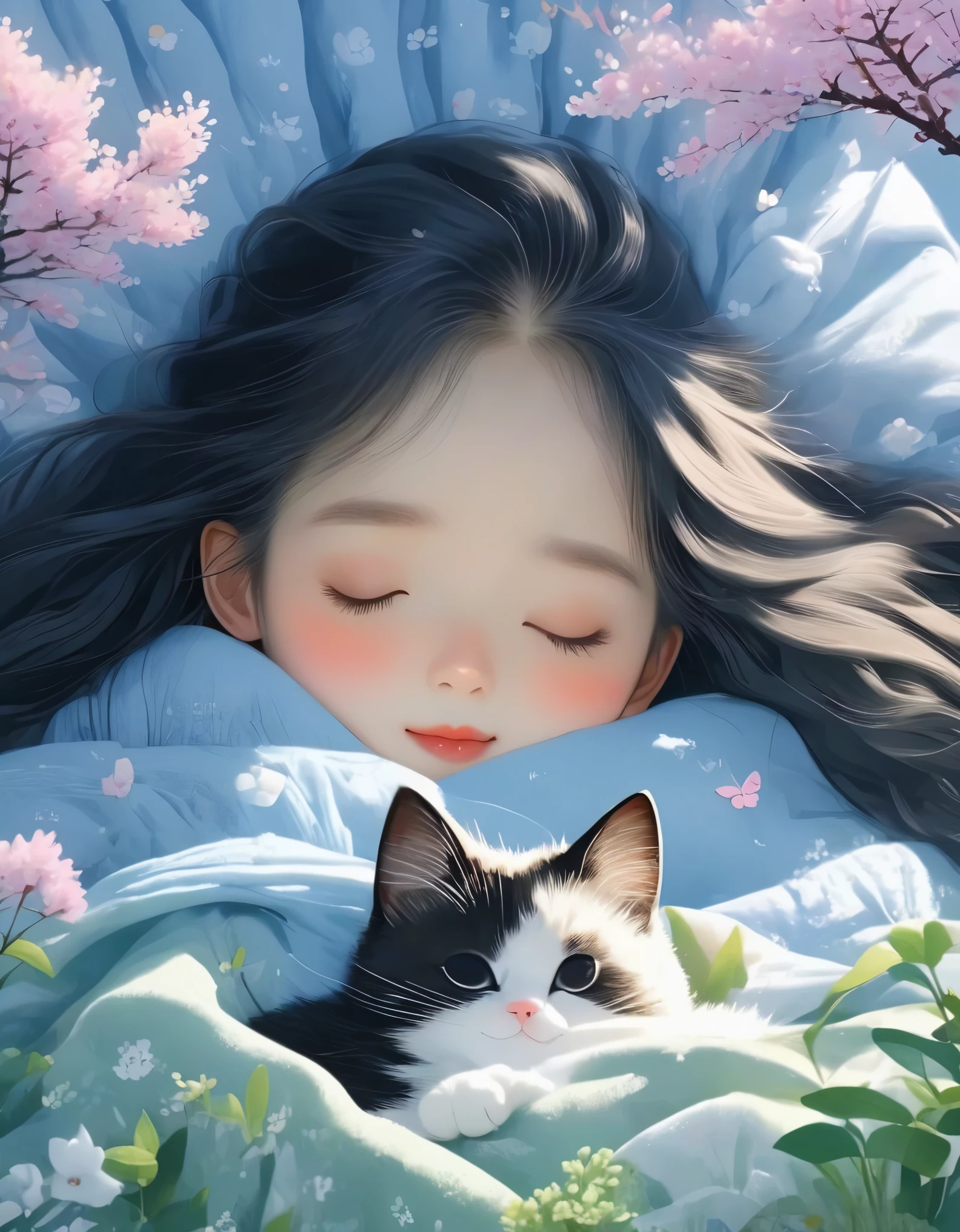 (Best Quality,4K,8K,HD,Masterpiece:1.2),Super Detailed,Realistic:1.37,Illustration,Studio Ghibli Inspired,Bed Scene,(Girl,Black Hair,Lazily Nuzzling Cat Sleeping in the Morning),Laziness,Adorable,Detailed Eyes,Detailed Lips,Reluctant,Wanting to Sleep,Two Laziness Cats,The Essence of Spring,Spring Flowering Trees,Spring Flowers,Cherry Blossoms,Bright Colors. Warm sunshine, soft light, cozy atmosphere, energetic, youthful.