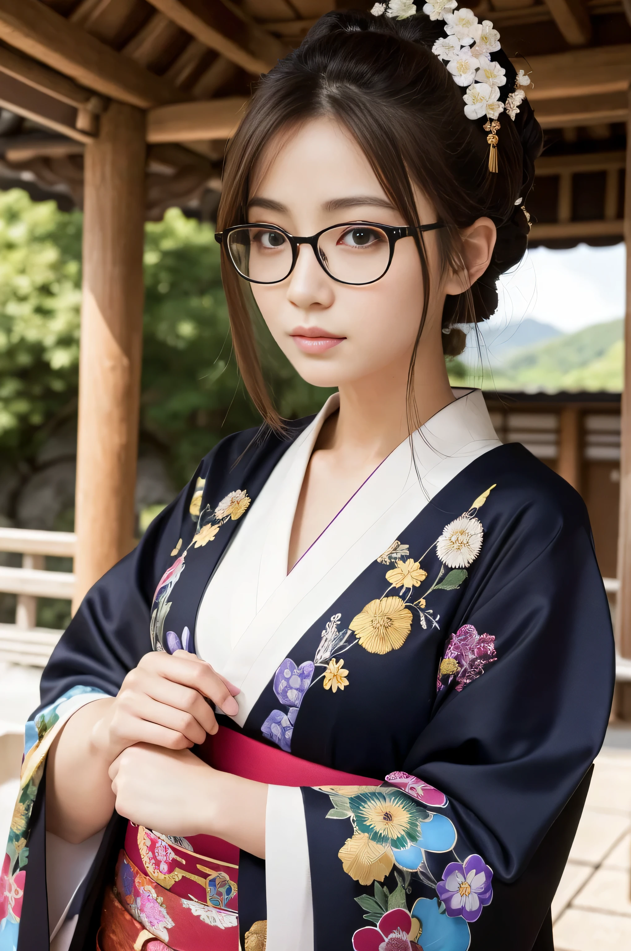 autumn leaves Shorthair eye glass kimono black-haired japanes Female nipple The photograph