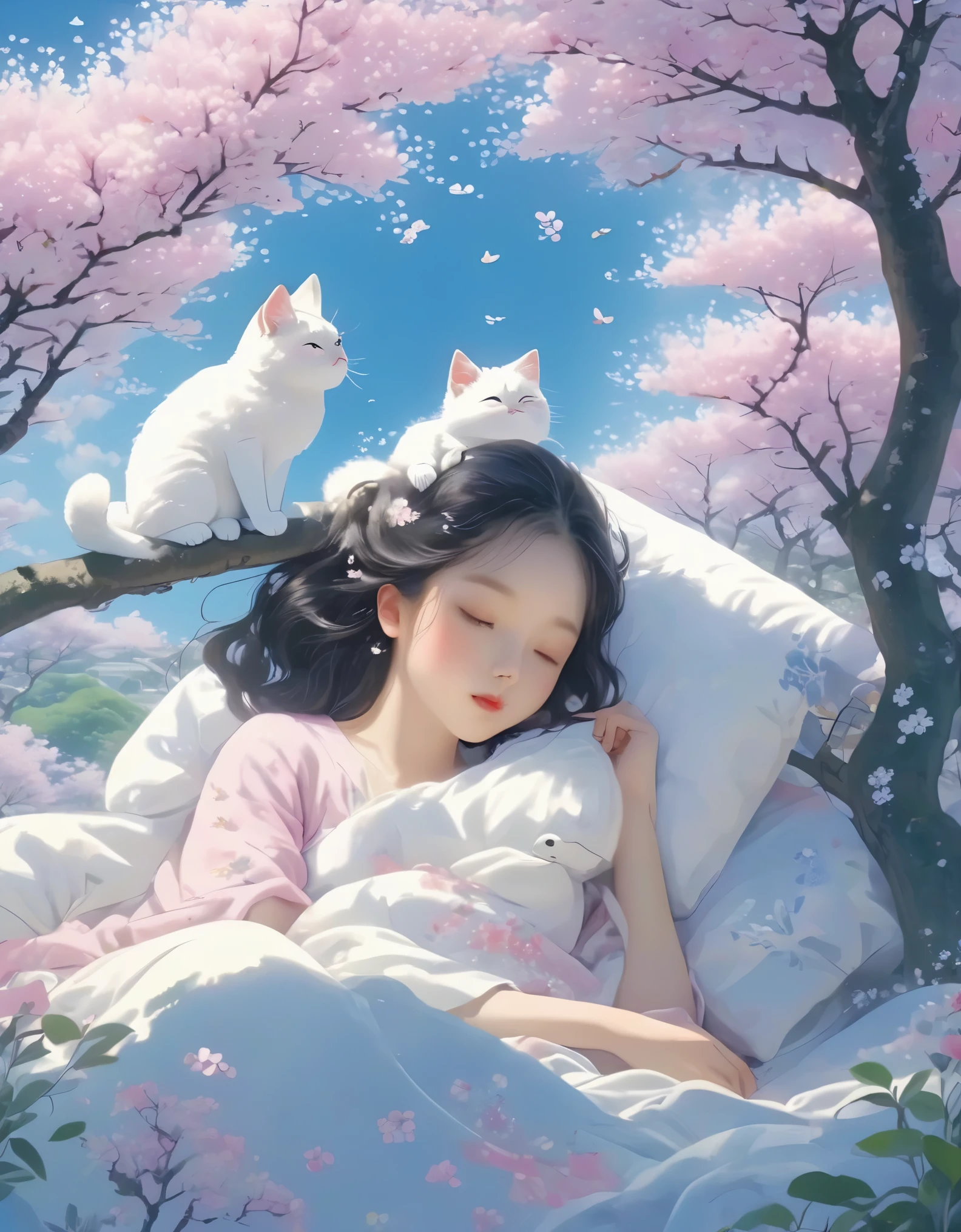 (best quality,4k,8k,highres,masterpiece:1.2),ultra-detailed,realistic:1.37,illustration,Studio Ghibli-inspired,bedscene,girl,black hair,lazy morning,laziness,cute,detailed eyes,detailed lips,reluctance,wanting to sleep in,two lazy cats,spring essence,sakura trees,cherry blossoms,bright colors,warm sunlight,soft lighting,cozy atmosphere,vibrant,youthful.