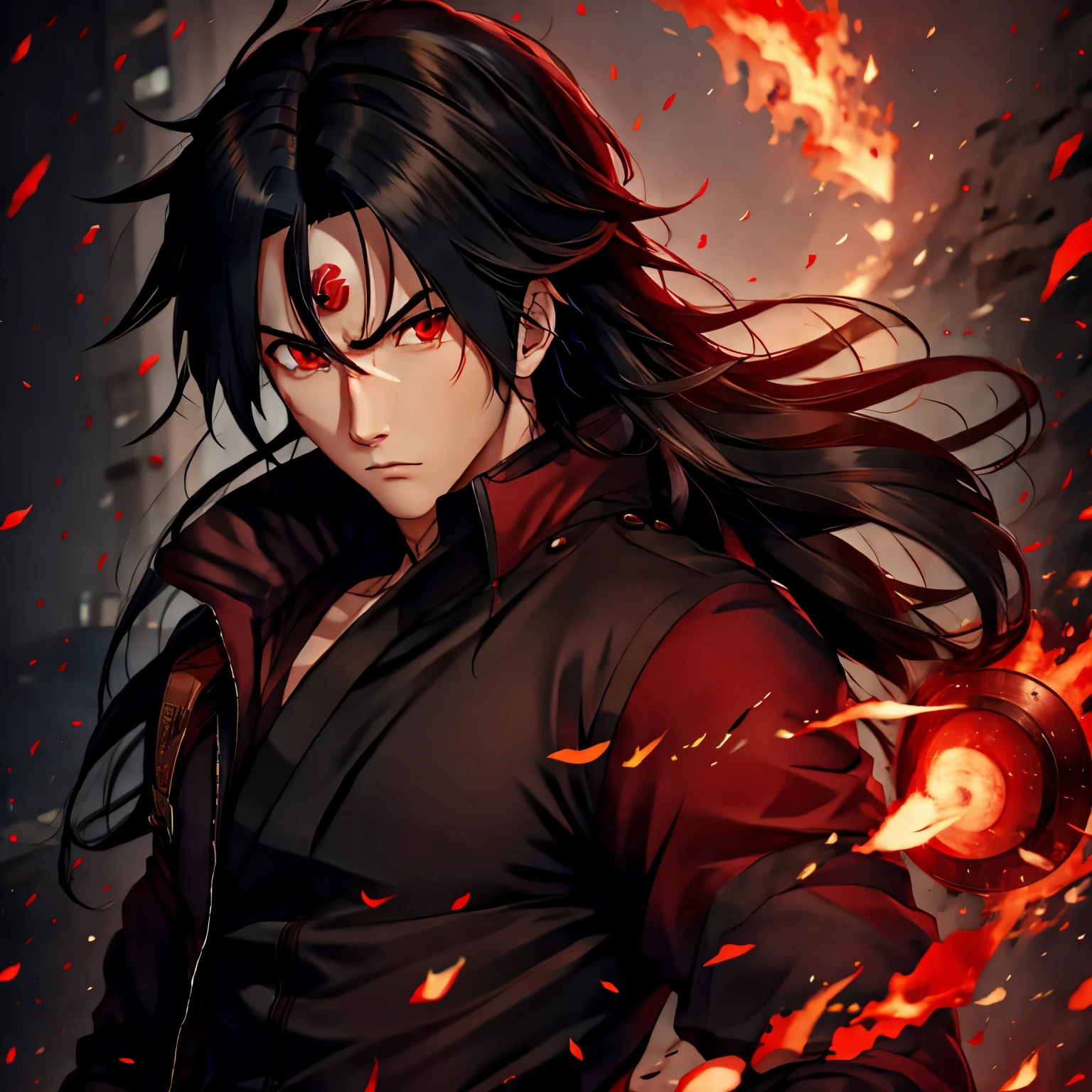 Ryuko is a man of average height with black hair and intense red eyes., Typical Sharingan. He wears the traditional black Akatsuki cape with red clouds and a partial mask that covers half of his face., leaving only one eye visible. His gaze is cold and calculating.