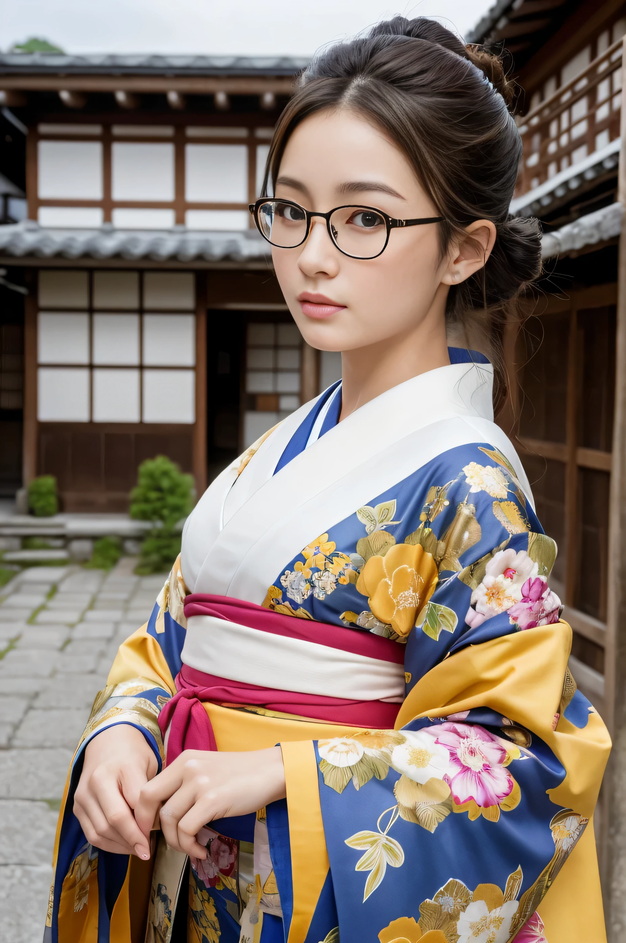 Best-quality, Masterpiece, Ultra-High-Resolution, (Photorealistic:1.4), Raw-Photo, Extremely-Details, Perfect-Anatomy,
1girl, the most famous Japanese actress, wearing only luxurious colorful Japanese KIMONO and glasses with cool design, in an idyllic rural village in Japan,
extremely beautiful face like a most popular Japanese actress, extremely beautiful large black solid circle eyes, extremely beautiful blonde hair, extremely beautiful lips, extremely beautiful realistic white skins