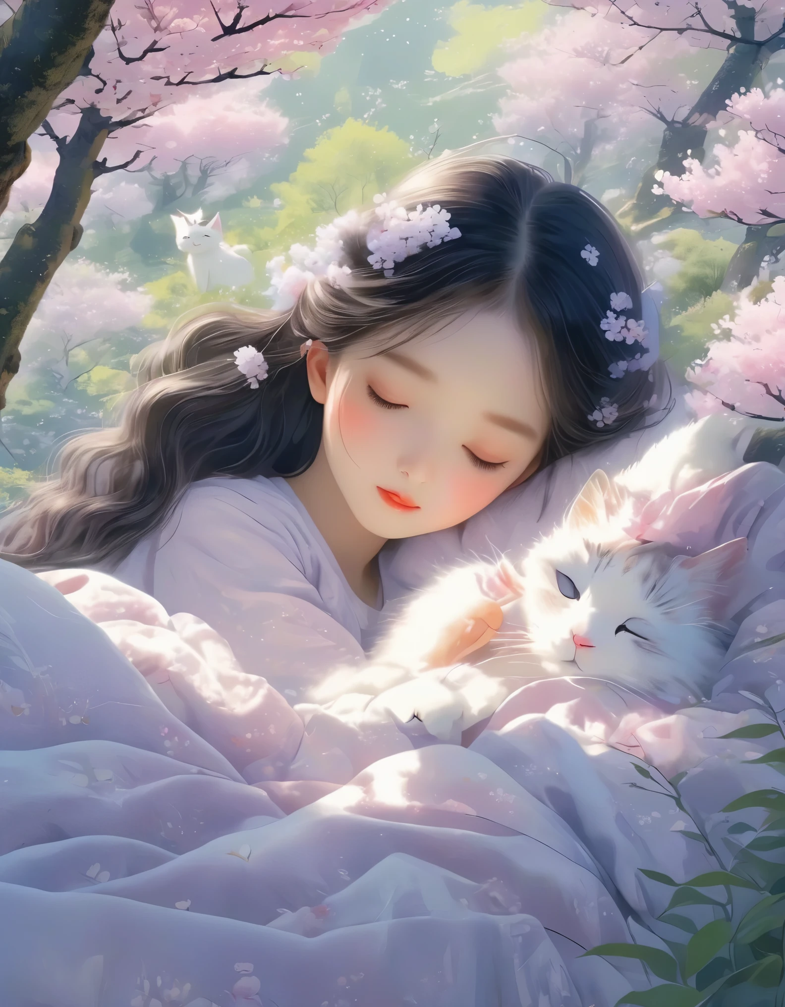 (best quality,4k,8k,highres,masterpiece:1.2),ultra-detailed,realistic:1.37,illustration,Studio Ghibli-inspired,bedscene,girl,black hair,lazy morning,laziness,cute,detailed eyes,detailed lips,reluctance,wanting to sleep in,two lazy cats,spring essence,sakura trees,cherry blossoms,bright colors,warm sunlight,soft lighting,cozy atmosphere,vibrant,youthful.