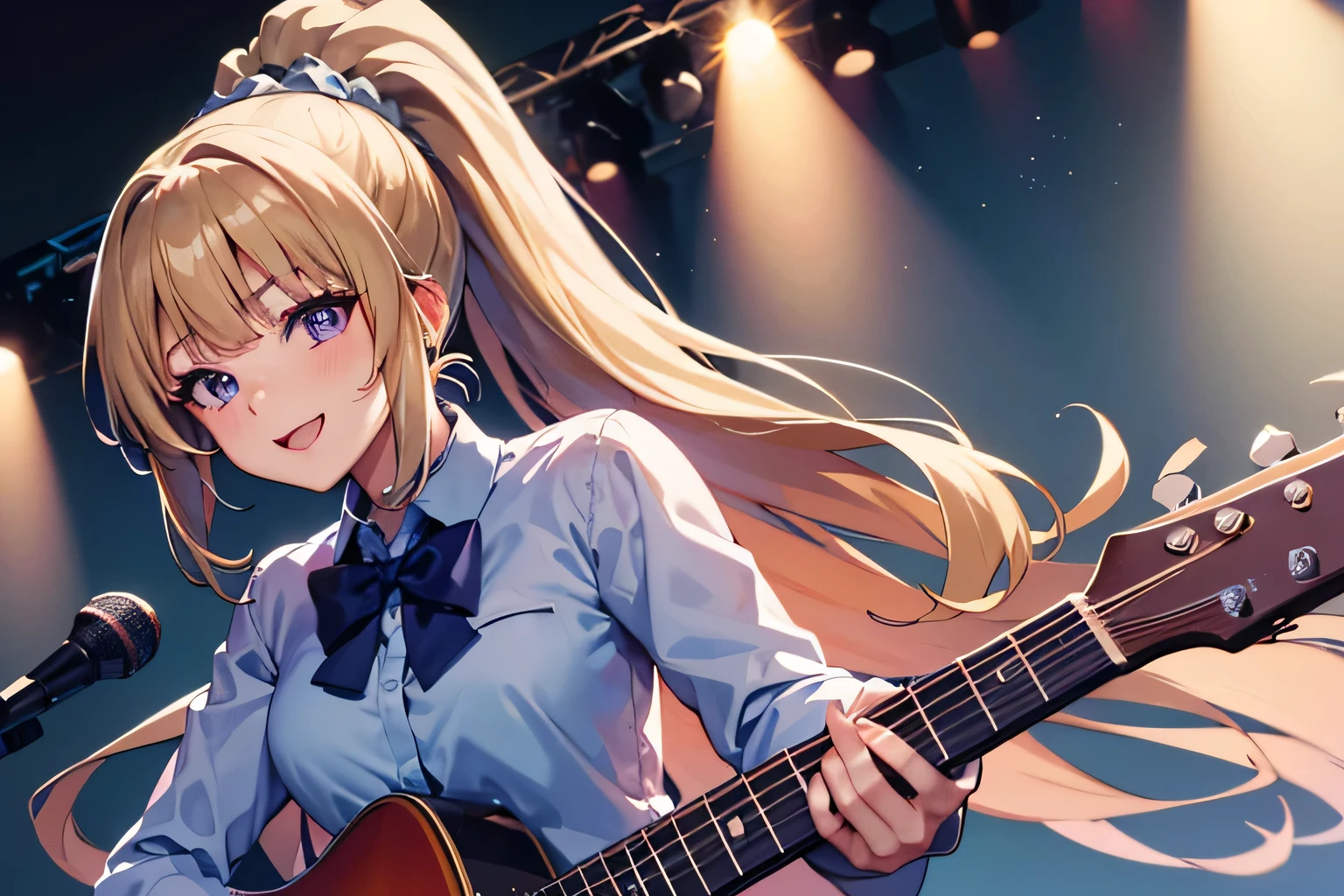 hight resolution, top-quality, ultra-quality, The ultra-detailliert, perfect anatomy, lighting like a stage, a girl ( Kei Karuizawa) singing in stage, blonde hair with ponytail hairstyle and Violet eyes, long shot POV, looking at viewer, spotlight lightning, play guitar, good mood, mic stands, smiling, perfect body, anime style 