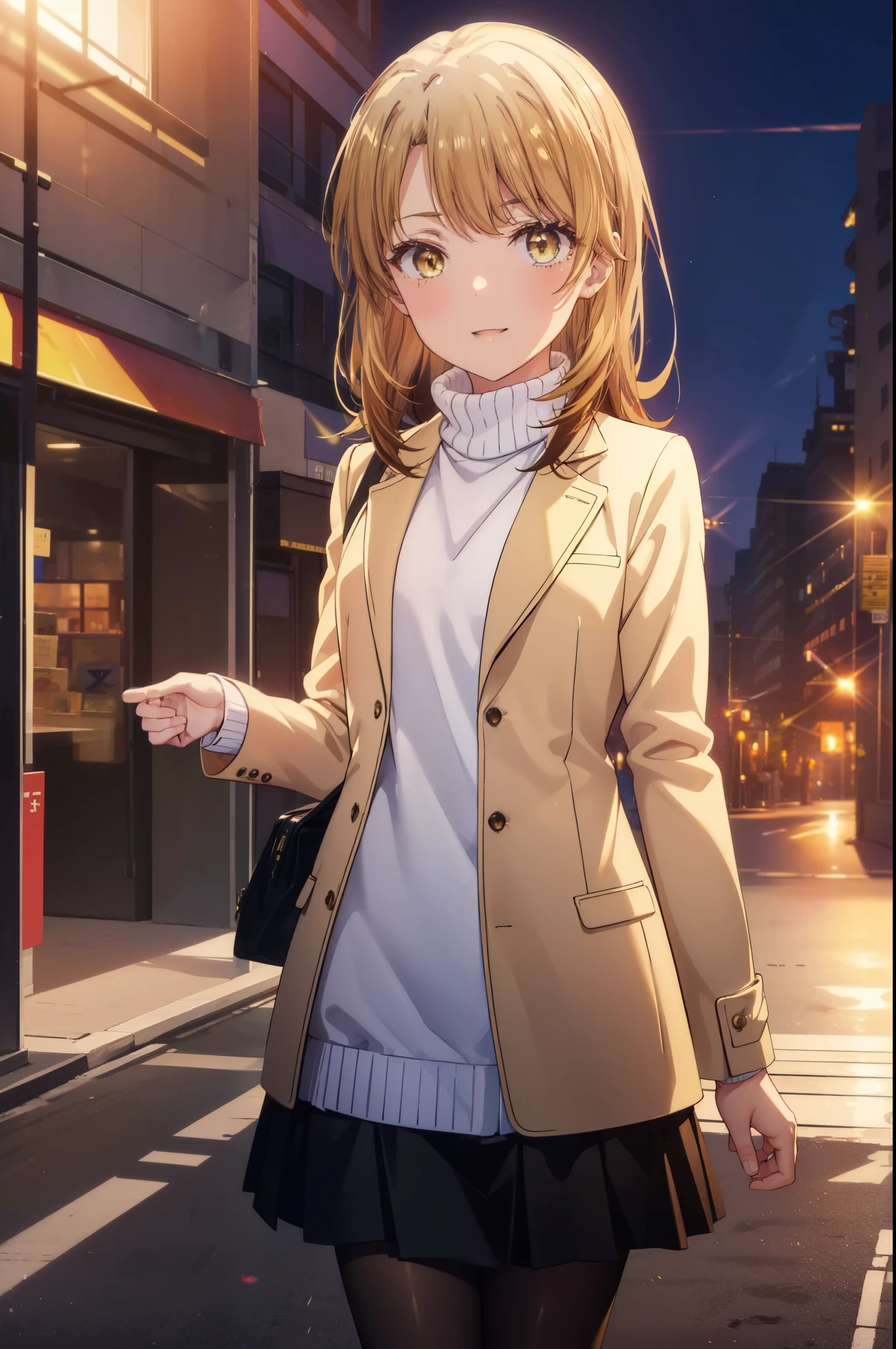 irohaisshiki, Isshiki Iroha, long hair, brown hair, (brown eyes:1.5), happy smile, smile, open your mouth, Are standing,From above,yellow long coat,White turtleneck,black long skirt,Mini Boots,black pantyhose,evening,sunset,the sun sets,whole bodyがイラストに入るように,
break outdoors, city,building street,
break looking at viewer,whole body, (cowboy shot:1. 5)
break (masterpiece:1.2), highest quality, High resolution, unity 8k wallpaper, (shape:0.8), (beautiful and detailed eyes:1.6), highly detailed face, perfect lighting, Very detailed CG, (perfect hands, perfect anatomy),