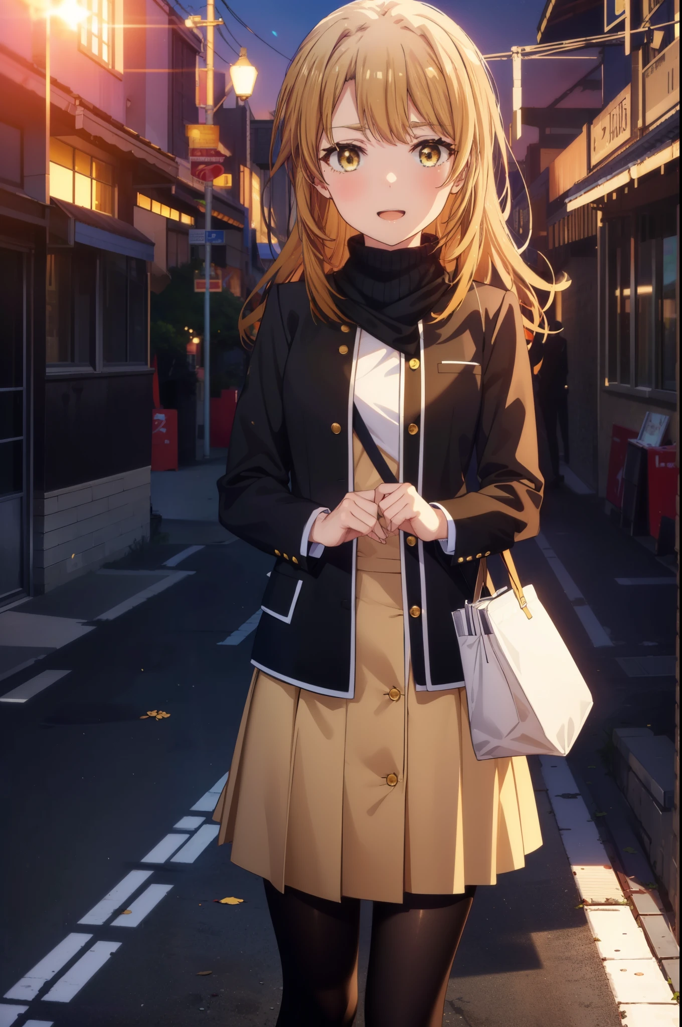 irohaisshiki, Isshiki Iroha, long hair, brown hair, (brown eyes:1.5), happy smile, smile, open your mouth, Are standing,From above,yellow long coat,White turtleneck,black long skirt,Mini Boots,black pantyhose,evening,sunset,the sun sets,whole bodyがイラストに入るように,
break outdoors, city,building street,
break looking at viewer,whole body, (cowboy shot:1. 5)
break (masterpiece:1.2), highest quality, High resolution, unity 8k wallpaper, (shape:0.8), (beautiful and detailed eyes:1.6), highly detailed face, perfect lighting, Very detailed CG, (perfect hands, perfect anatomy),