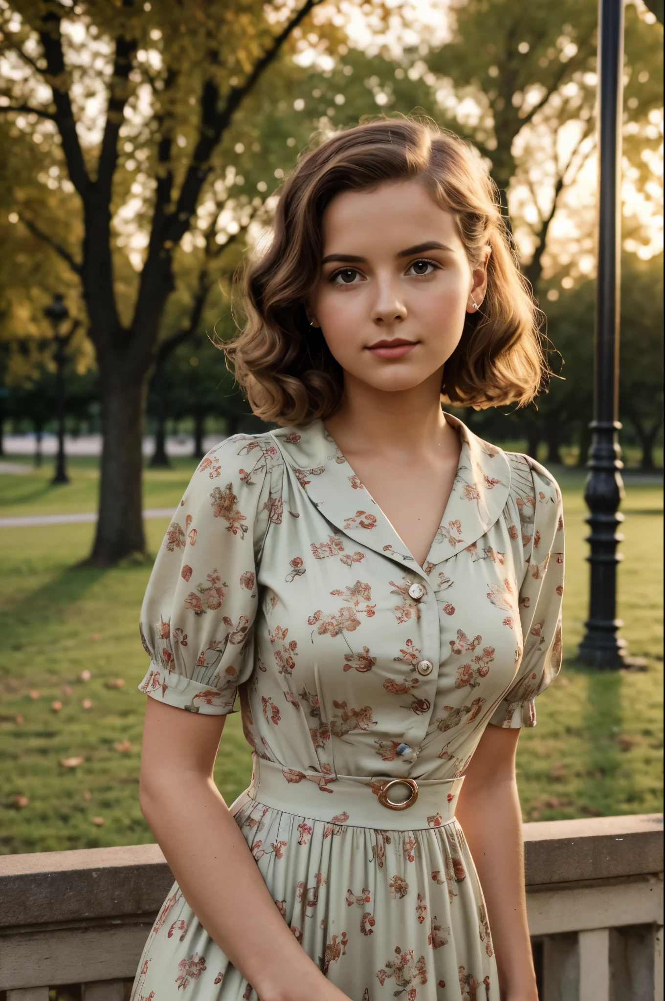 retro vintage, photography, 1940s, young woman, 1girl, 8k, hd, vintage dress, city park, stylish, wavy hair, brown hair, close up, european woman, evening, muted color grading, modest, facing camera, front shot, short hair