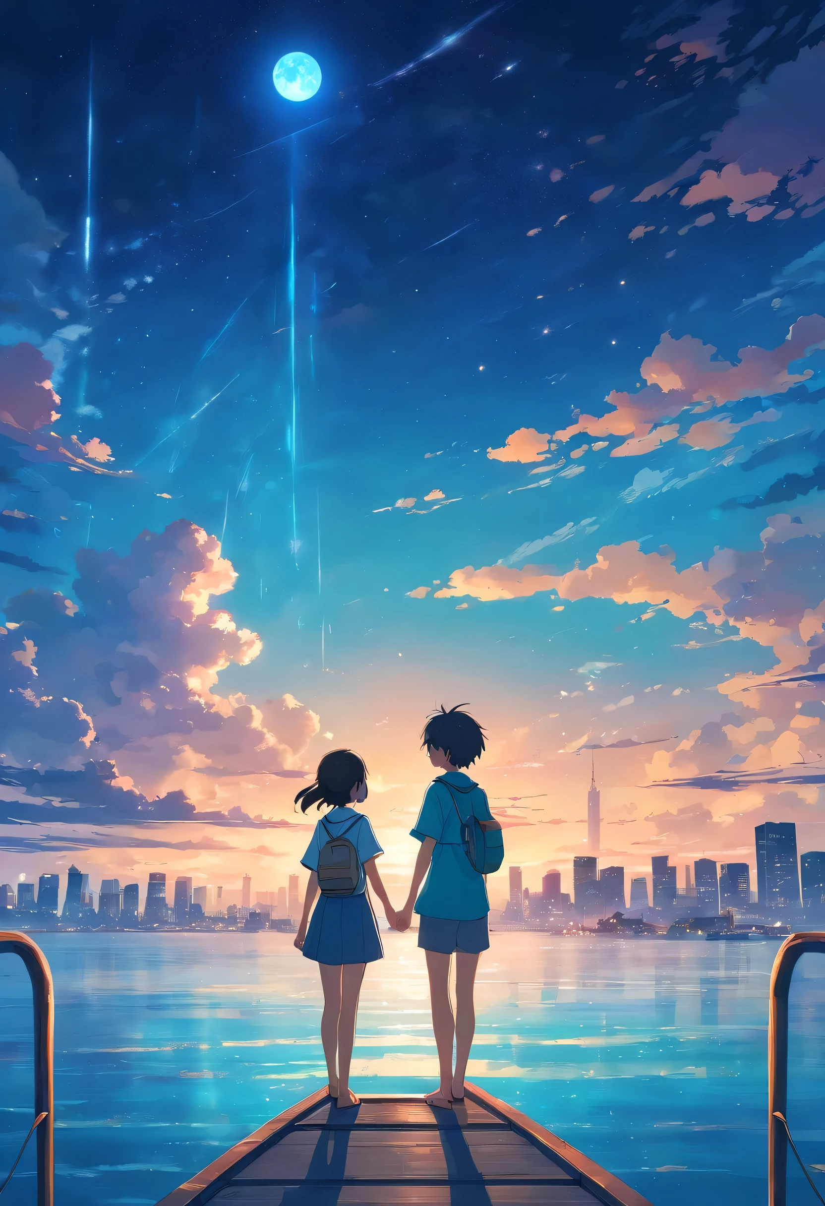 Vast night，the beautiful skyline，Large expanses of ocean，Intense and dramatic imagery，the moving visual effects，High hanging moon，Colorful natural light。A  sits on a  boat，Look at the cyan Kong Ming lantern floating in the sky，The whole night sky is covered with cyan