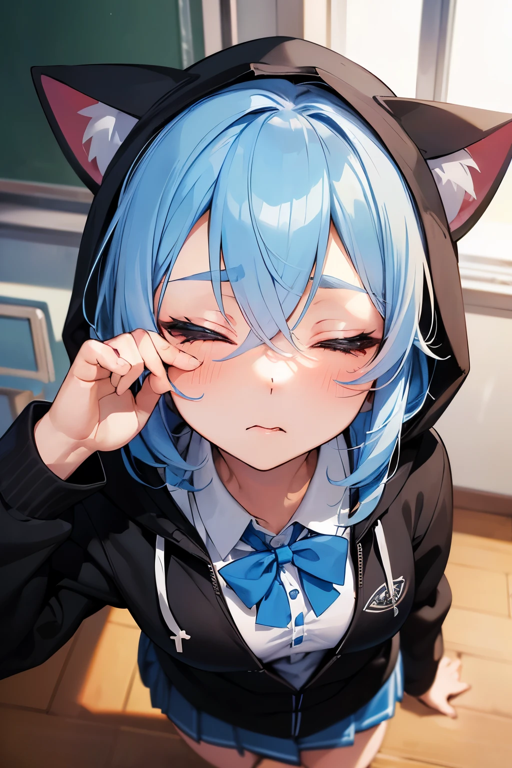 1 girl, , UHD, retina, masterpiece, Accurate, anatomically correct, rough skin, Super detailed, advanced details, high quality, Award history, 最high quality, High resolution, hd, 4k,(anime,8K,masterpiece, 最high quality, 最high quality,beautiful and aesthetic:1.2,professional illustration:1.1,Super detailed:1.3,perfect lighting),very detailed,most detailed,High resolution,cute pose,embarrassing,light blue hair,(bed:1.5),wince, (Hoodie with cat ear hood:1.5),(black hoodie:1.5),red bow bra,white bra,white panties,(open clothes:1.5),(cum:1.5),(facial:1.5)