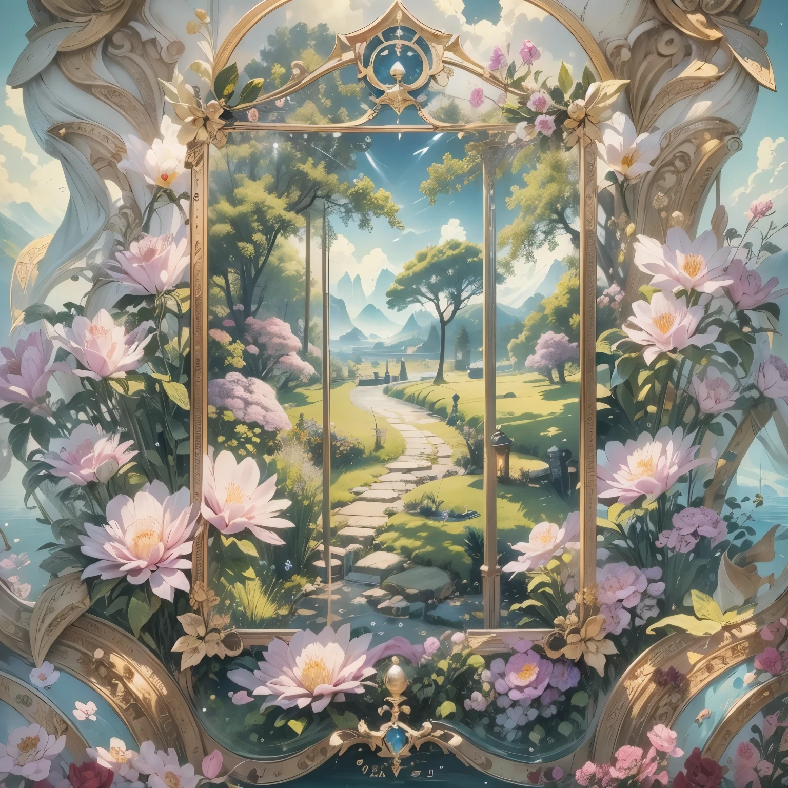 （masterpiece、Super delicate、Super exquisite、high resolution）），（tarot cards、Yu-Gi-Oh cards、card border:1.5、frame:1.5），（romantic、Innocent、𝓡𝓸𝓶𝓪𝓷𝓽𝓲𝓬、landscape、Tyndall effect）,,(masterpiece:1.5),(best quality:1.5),(Super detailed:1.3),(illustration:1.2),(8k wallpaper:1.2),(best quality:1.2),(Very detailed:1.2),(Foreshortening),(photorealism),(photorealismistic),(Unreal Engine),(high resolution:1.2),(painting:1.05),(cross hatch)(best quality:1.1),(surreal:1.1),(extremely fine,beautiful),, panoramic, spring的早晨，sunny，spring，early morning，Tyndall effect,(landscape画:1.5)