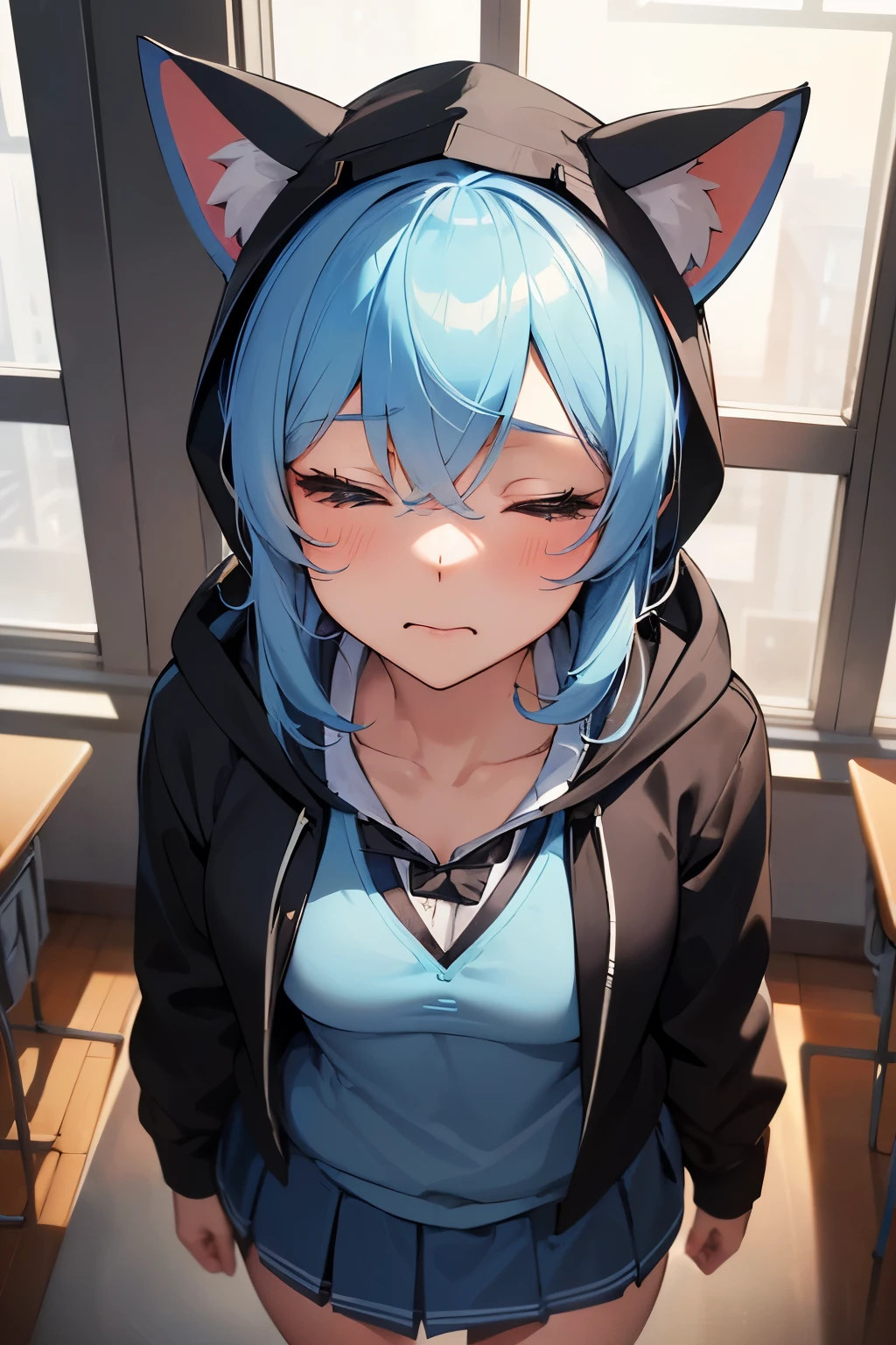 1 girl, , UHD, retina, masterpiece, Accurate, anatomically correct, rough skin, Super detailed, advanced details, high quality, Award history, 最high quality, High resolution, hd, 4k,(anime,8K,masterpiece, 最high quality, 最high quality,beautiful and aesthetic:1.2,professional illustration:1.1,Super detailed:1.3,perfect lighting),very detailed,most detailed,High resolution,cute pose,embarrassing,light blue hair,classroom,(wear uniform inside:1.9),(school uniform:1.9),(black hoodie:1.5),(Hoodie with cat ear hood:1.5),(open clothes:1.5),(incoming kiss:1.5),(face on focus:1.5),(cowboy shot:1.5),(from above:1.5),(close your eyes:1.9),to kiss