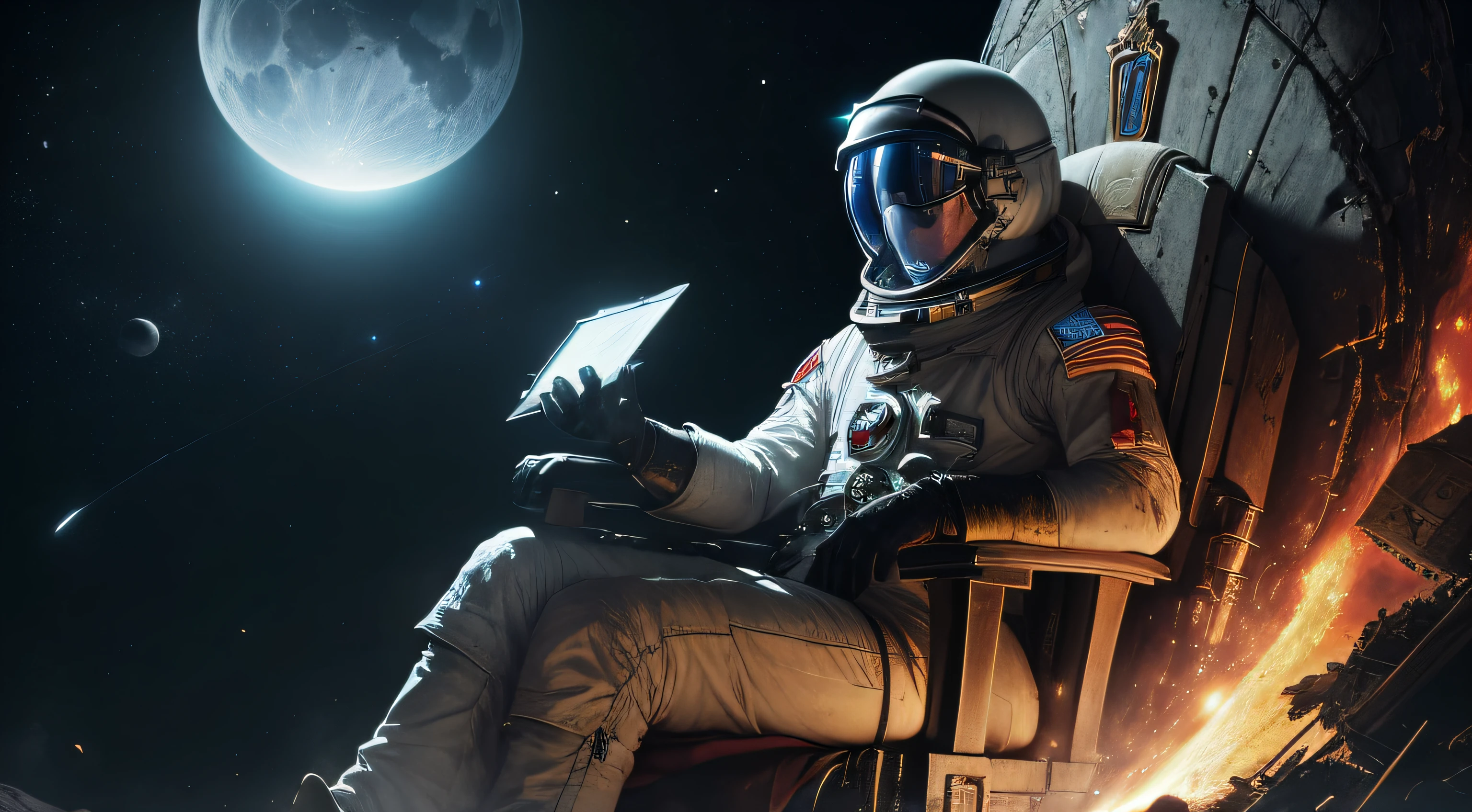, style colline silencieuse, horreur, zombi, ((hidden face 2.0)), astronaute, Cosmos, Astronaute na Lua, la planète Terre en arrière-plan, high resolution, torn space suit, casque sale, costume sale, (((oeil rouge brillant)), (((capacete de astronaute com visor fosco))), (((Opaque visor))), effrayant, fantaisie sombre, Style sombre, , bubble helmet, dome style helmet, Mysterio, A la surface de la lune, La planète Terre flottant en arrière-plan, fusée détruite en arrière-plan, (((sitting on a throne made of discarded rocket parts))), champ d'stars, astronaute morto-vivo, Soviet cosmonaut uniform