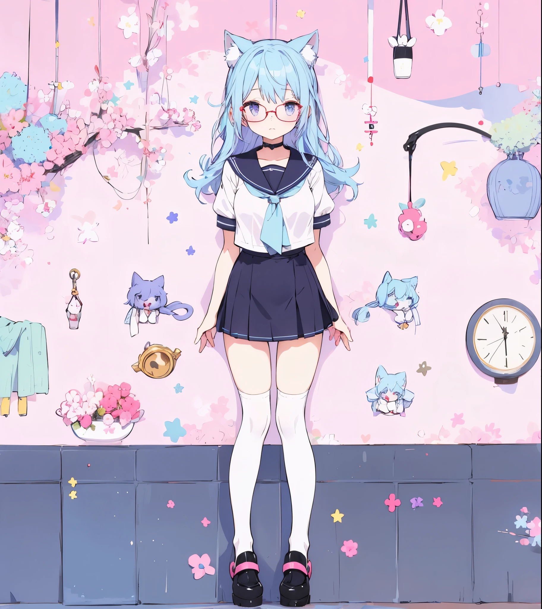 girl light blue hair purple eyes pink sailor blouse with black shade black skirt white stockings cat ears with glasses