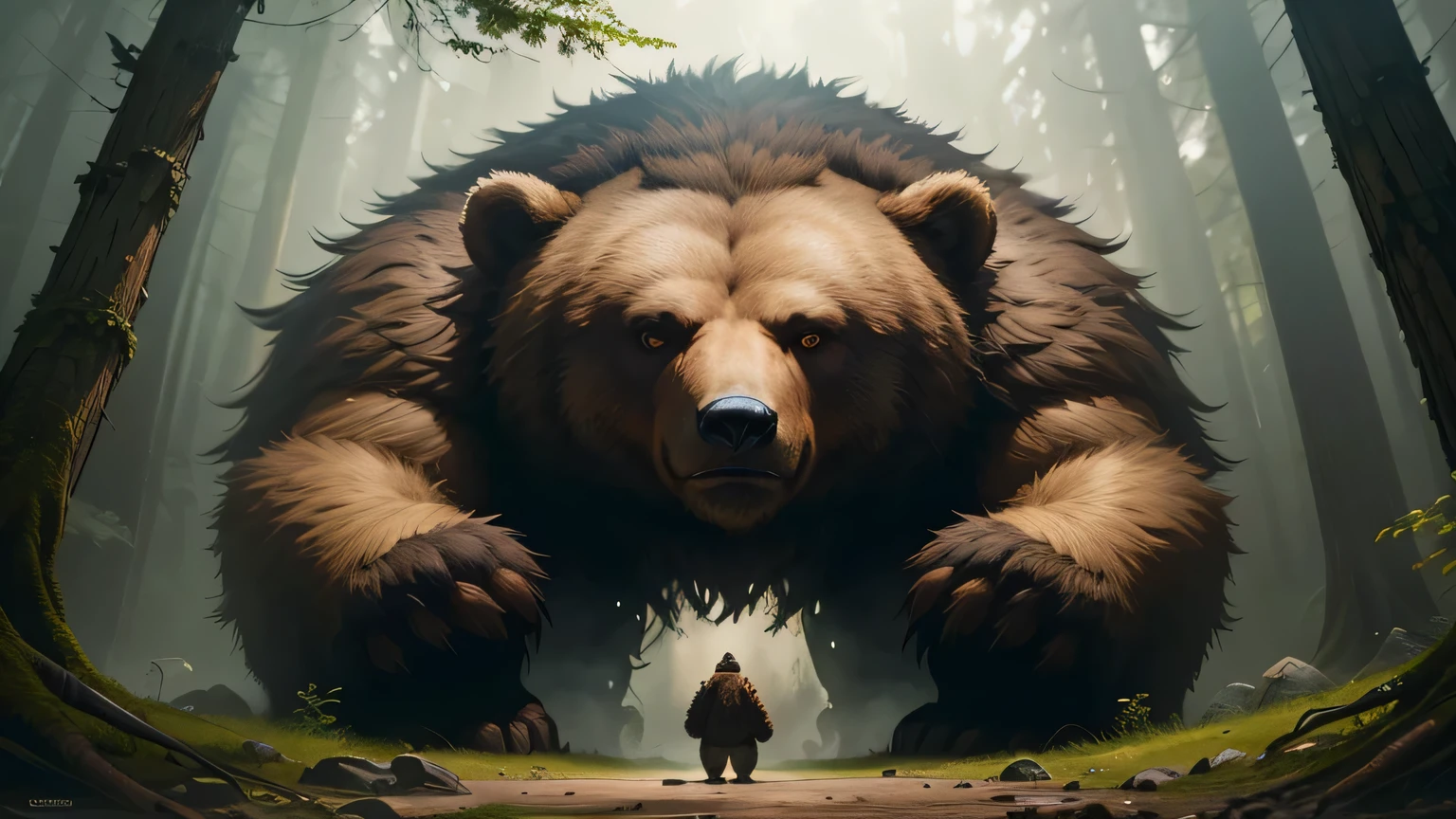 there is a bear that is standing in the woods with a person, giant bear human hybrid, wojtek fus, by Adam Marczyński, owlbear, symmetrical epic fantasy art, portrait of anthropomorphic bear, by Jesper Ejsing, realistic fantasy illustration, by Tadeusz Pruszkówski