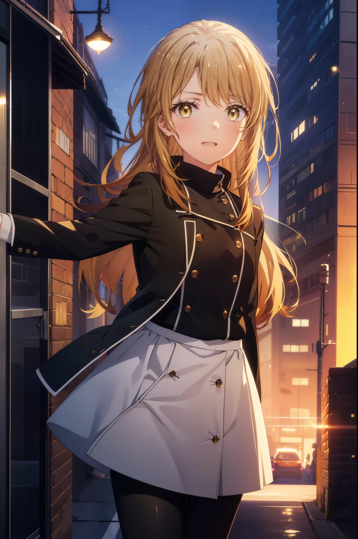 irohaisshiki, Isshiki Iroha, long hair, brown hair, (brown eyes:1.5), happy smile, smile, open your mouth, Are standing,From above,yellow long coat,White turtleneck,black long skirt,Mini Boots,black pantyhose,evening,sunset,the sun sets,whole bodyがイラストに入るように,
break outdoors, city,building street,
break looking at viewer,whole body, (cowboy shot:1. 5)
break (masterpiece:1.2), highest quality, High resolution, unity 8k wallpaper, (shape:0.8), (beautiful and detailed eyes:1.6), highly detailed face, perfect lighting, Very detailed CG, (perfect hands, perfect anatomy),