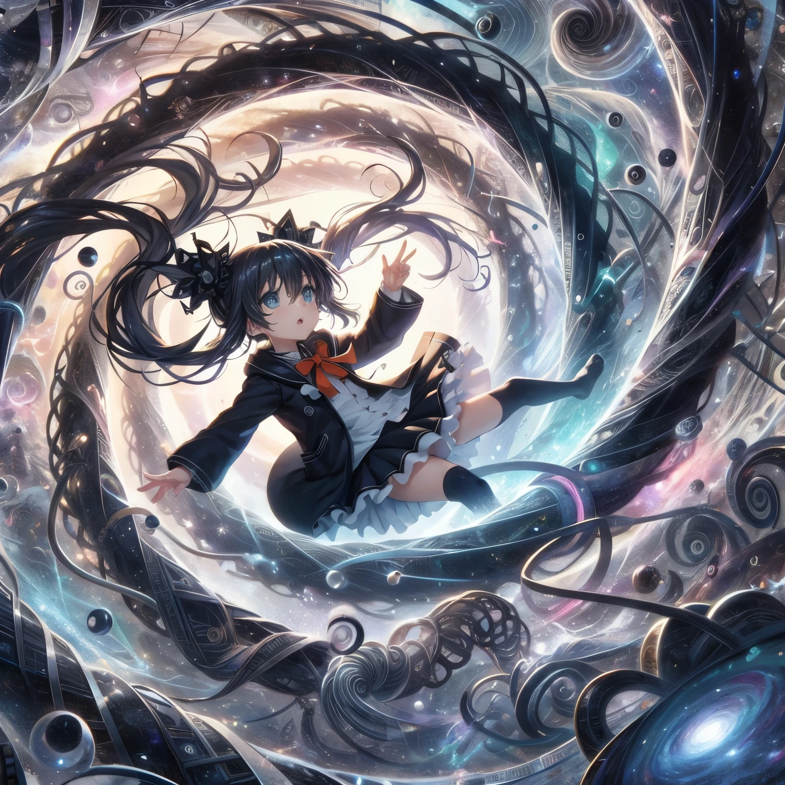Anime girl in a black dress flying in a spiral vortex, anime fantasy artwork, anime fantasy illustration, anime girl with space hair, epic anime artwork, detailed anime artwork, detailed digital anime art, Swirling Black Magic, dreamy psychedelic anime, Anime art nouveau space display, beautiful anime artwork, Detailed anime original drawing, Complex and gorgeous anime CGI style, detailed anime art