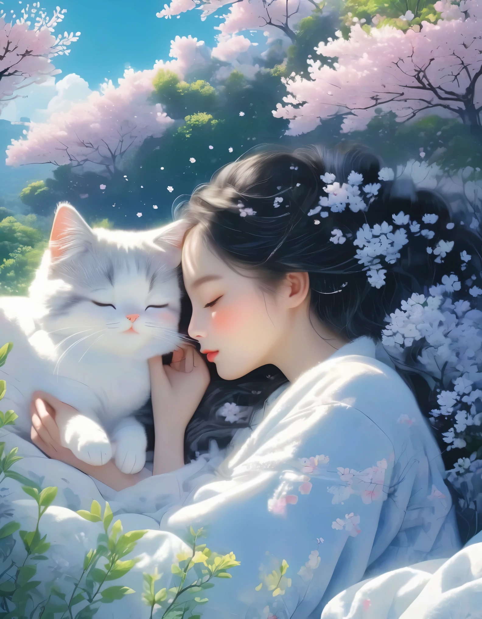 (Best Quality,4K,8K,HD,Masterpiece:1.2),Super Detailed,Realistic:1.37,Illustration,Studio Ghibli Inspired,Bed Scene,(Girl,Black Hair,Lazily Nuzzling Cat Sleeping in the Morning),Laziness,Adorable,Detailed Eyes,Detailed Lips,Reluctant,Wanting to Sleep,Two Laziness Cats,The Essence of Spring,Spring Flowering Trees,Spring Flowers,Cherry Blossoms,Bright Colors. Warm sunshine, soft light, cozy atmosphere, energetic, youthful.