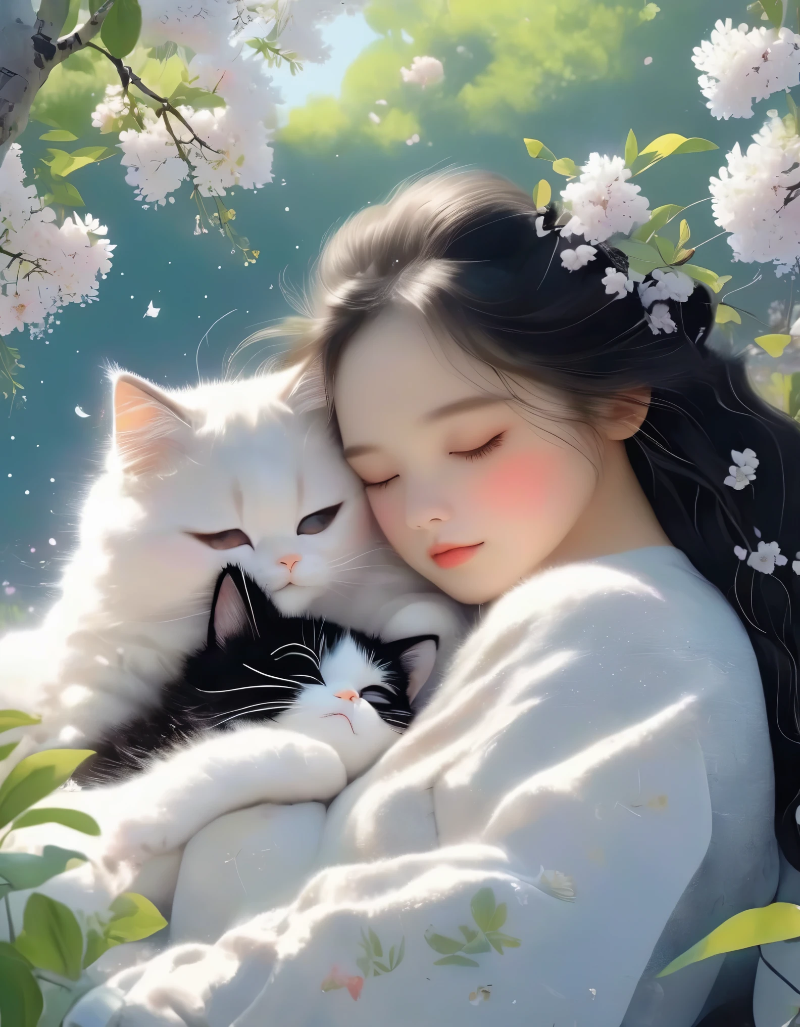 (Best Quality,4K,8K,HD,Masterpiece:1.2),Super Detailed,Realistic:1.37,Illustration,Studio Ghibli Inspired,Bed Scene,(Girl,Black Hair,Lazily Nuzzling Cat Sleeping in the Morning),Laziness,Adorable,Detailed Eyes,Detailed Lips,Reluctant,Wanting to Sleep,Two Laziness Cats,The Essence of Spring,Spring Flowering Trees,Spring Flowers,Cherry Blossoms,Bright Colors. Warm sunshine, soft light, cozy atmosphere, energetic, youthful.