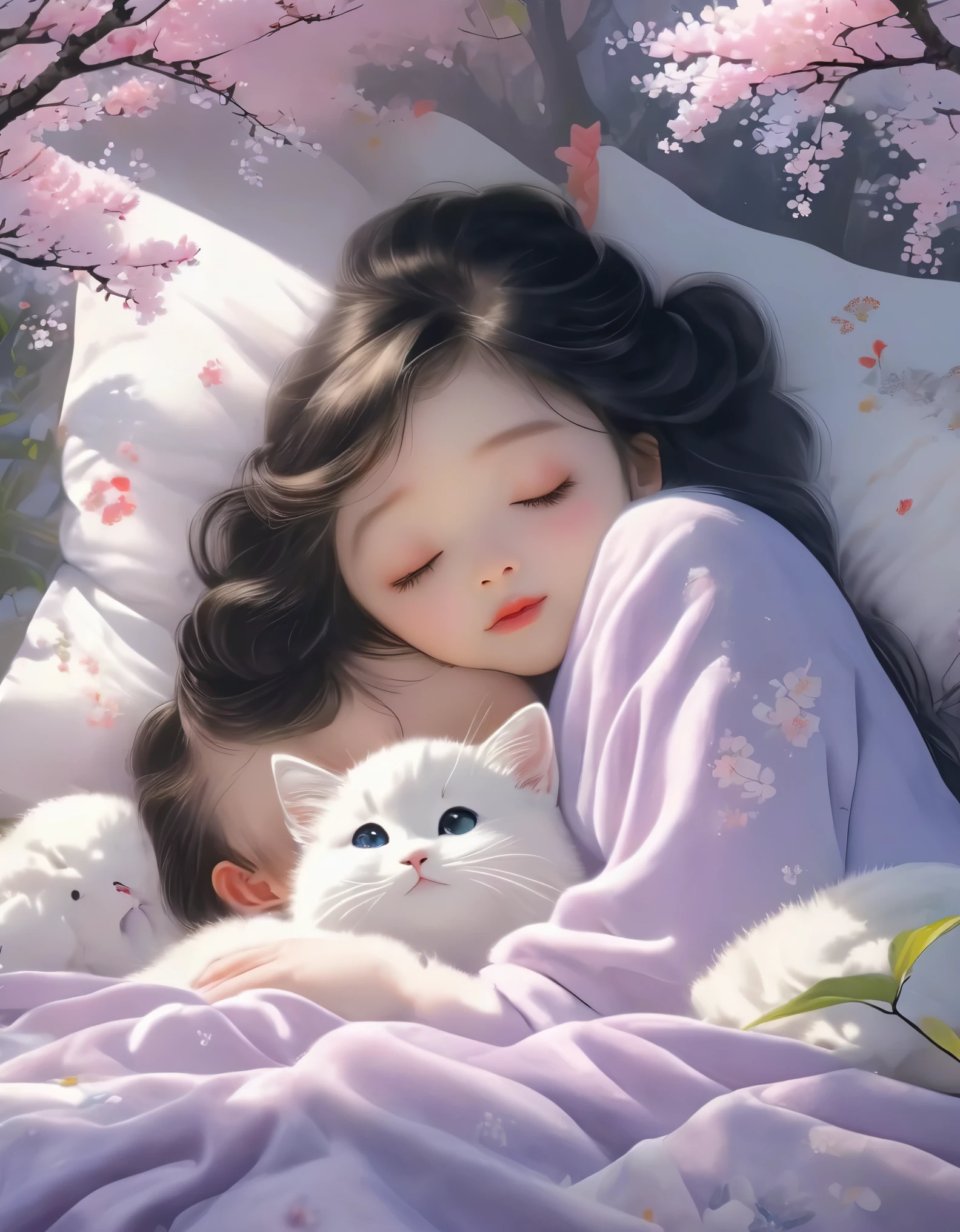 (best quality,4k,8k,highres,masterpiece:1.2),ultra-detailed,realistic:1.37,illustration,Studio Ghibli-inspired,bedscene,girl,black hair,lazy morning,laziness,cute,detailed eyes,detailed lips,reluctance,wanting to sleep in,two lazy cats,spring essence,sakura trees,cherry blossoms,bright colors,warm sunlight,soft lighting,cozy atmosphere,vibrant,youthful.