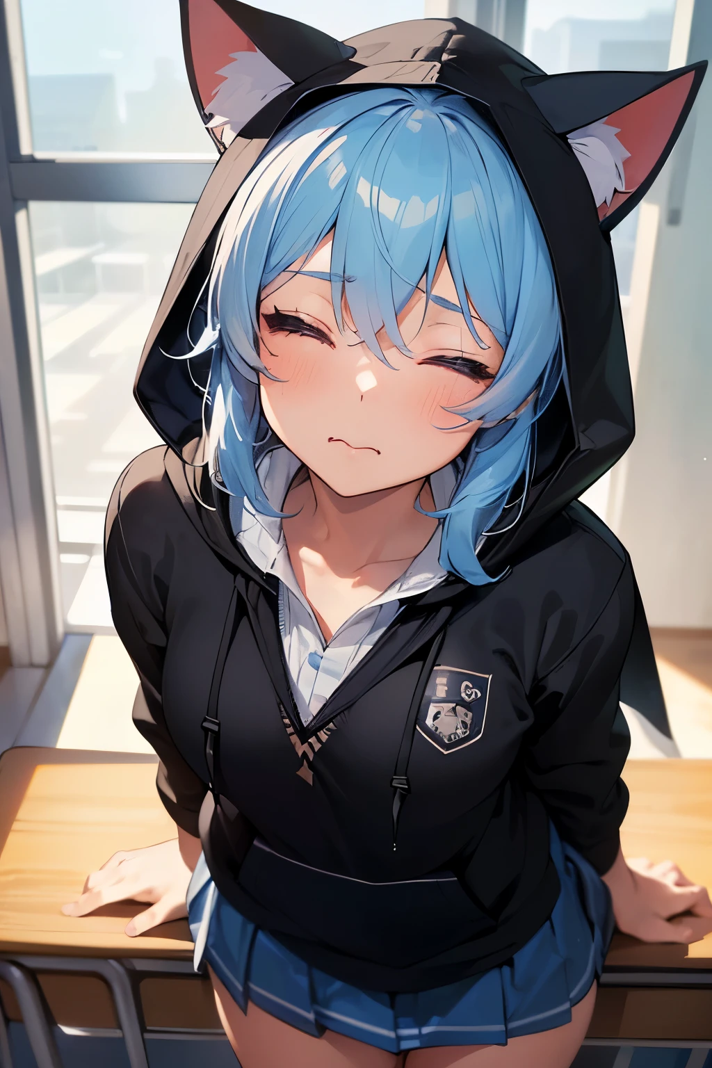 1 girl, , UHD, retina, masterpiece, Accurate, anatomically correct, rough skin, Super detailed, advanced details, high quality, Award history, 最high quality, High resolution, hd, 4k,(anime,8K,masterpiece, 最high quality, 最high quality,beautiful and aesthetic:1.2,professional illustration:1.1,Super detailed:1.3,perfect lighting),very detailed,most detailed,High resolution,cute pose,embarrassing,light blue hair,classroom,(wear uniform inside:1.9),(school uniform:1.9),(black hoodie:1.5),(Hoodie with cat ear hood:1.5),(open clothes:1.5),(incoming kiss:1.5),(face on focus:1.5),(cowboy shot:1.5),(from above:1.5),(close your eyes:1.9),wince