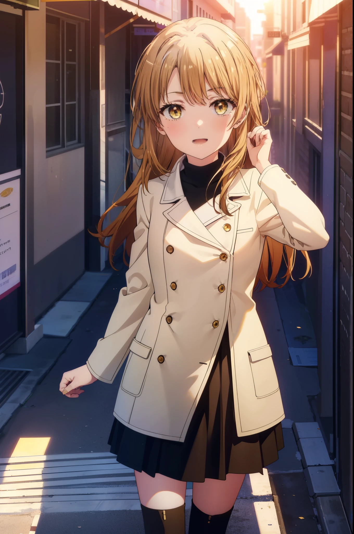 irohaisshiki, Isshiki Iroha, long hair, brown hair, (brown eyes:1.5), happy smile, smile, open your mouth, Are standing,From above,yellow long coat,White turtleneck,black long skirt,Mini Boots,evening,sunset,the sun sets,whole bodyがイラストに入るように,
break outdoors, city,building street,
break looking at viewer,whole body, (cowboy shot:1. 5)
break (masterpiece:1.2), highest quality, High resolution, unity 8k wallpaper, (shape:0.8), (beautiful and detailed eyes:1.6), highly detailed face, perfect lighting, Very detailed CG, (perfect hands, perfect anatomy),