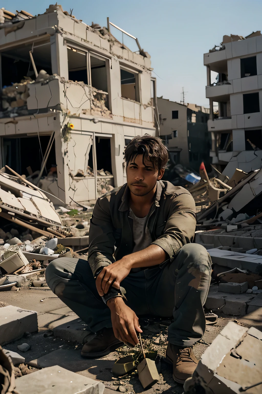 Image of a man sitting in the rubble of a house with flowers in his hands. in the background several fallen buildings with smoke
