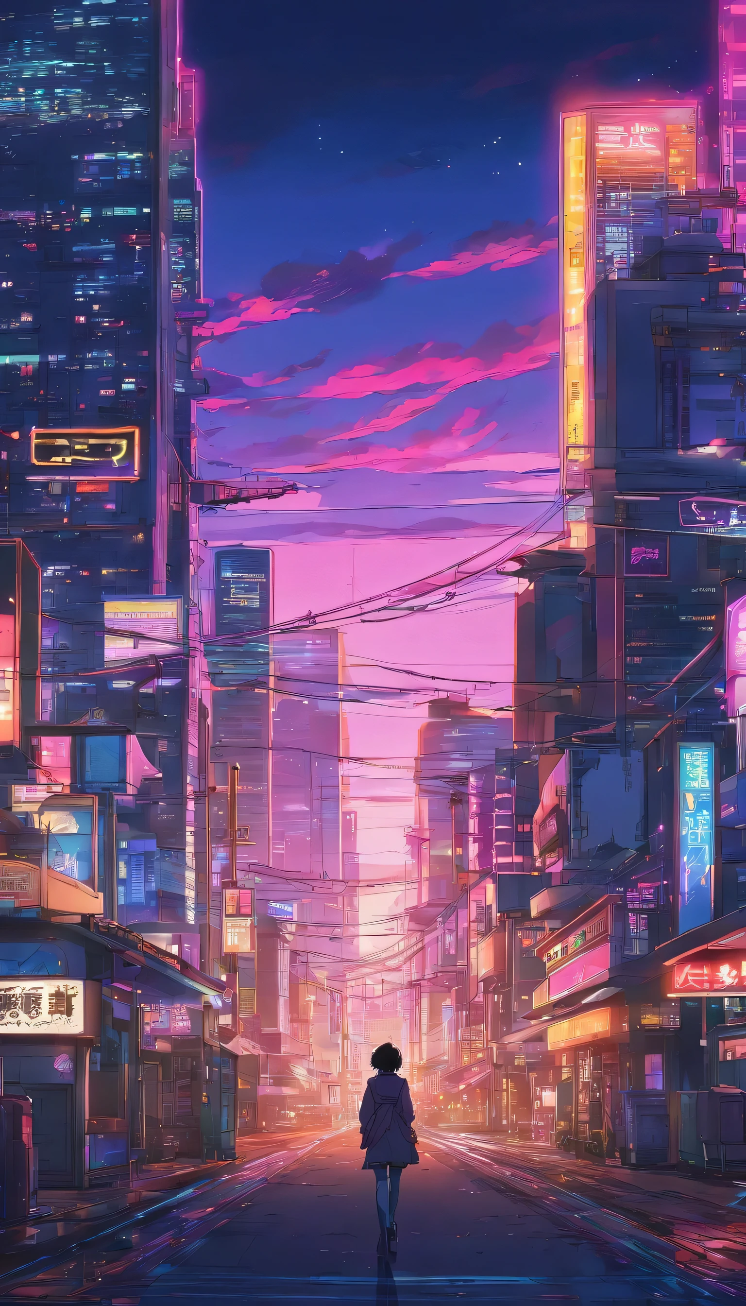 Close-up of the city with neon sunset in the background, Cidade Synthwave, Cidade Vaporwave, synthwave aesthetic, Cidade Neon ao fundo, Antecedentes da Neo Tokyo, Neon metropolis in the background, fundo urbano futurista, Cyberpunk aesthetics, The backstory of the city is cyberpunk, Cidade Cyberpunk Roxa, fundo da cidade cyberpunk, Cyberpunk aesthetics, atmosfera cyberpunk, Paisagem urbana cyberpunk,nuvens de anime, Fundo do anime, anime sky, em estilo de makoto shinkai, Belas nuvens inchadas. O Anime, Estilo de Makoto Shinkai, Makoto Sinkai!, beautiful anime scenery, baseado em Makoto Shinkai, papel de parede de paisagem anime, Makoto Sinkai!!, Makoto Shinkai Estilo de Arte, japonesa,pale skin,cara bonita(cabelo roxo)jaqueta vermelha,tokyo at night, com estilo cyberpunk,japanese streetwear,tokyo fashion,Em uma jaqueta Cyberpunk 2 0 7 7,Comprimento total,pose atraente,Bottom view
