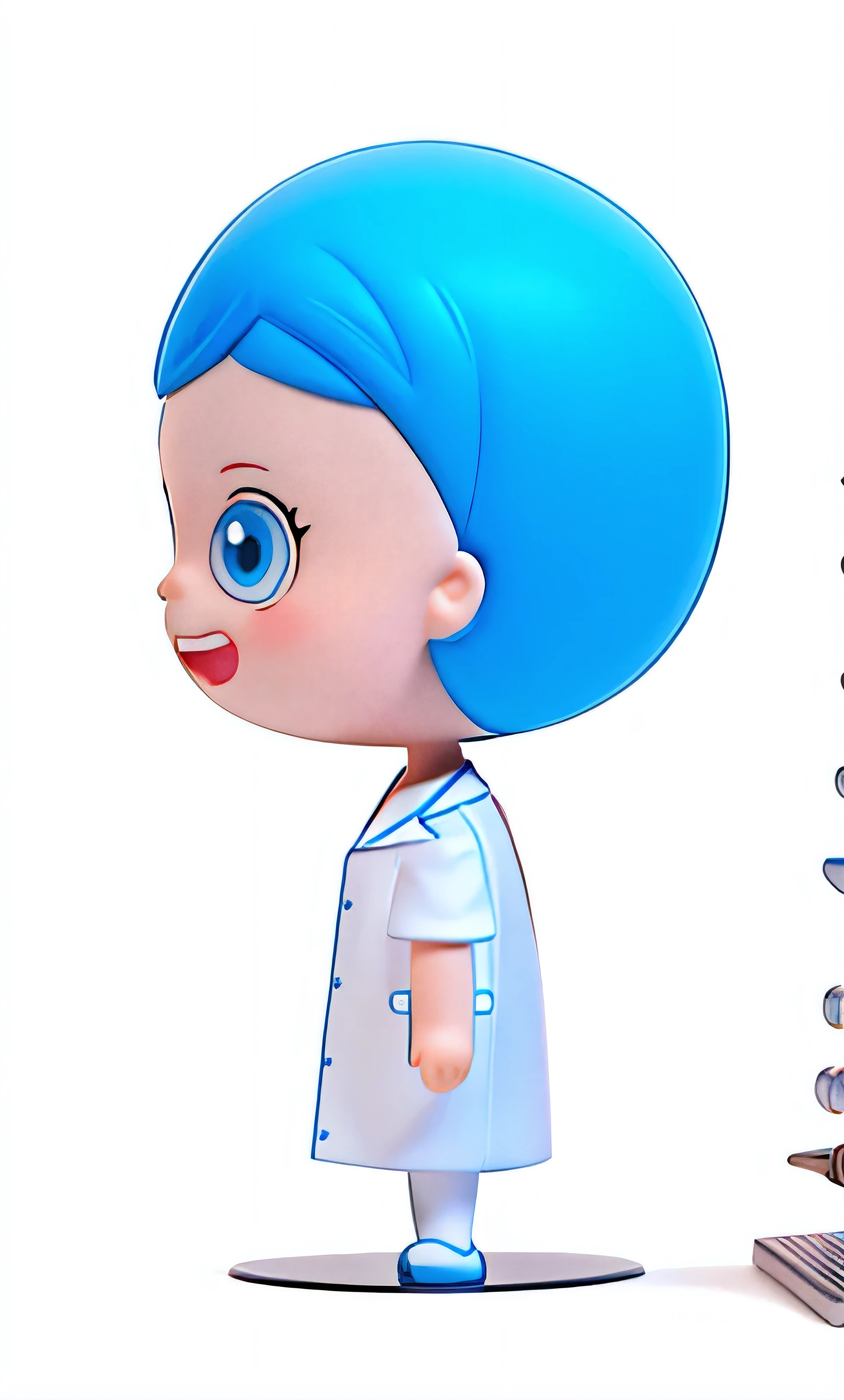 Cartoon character of a woman with blue hair and white shirt, animated characters, role conception for animation, Cartoon style illustration, character turnaround, role conception, The character is standing, simple cartoon style, woman with blue short hair, full body role conception, model table, nurse girl, high quality role conception, character model table, Wearing a lab coat and shirt, 4K resolution，C4D，OC renderer，Ultra-detailed，high quality，white background
