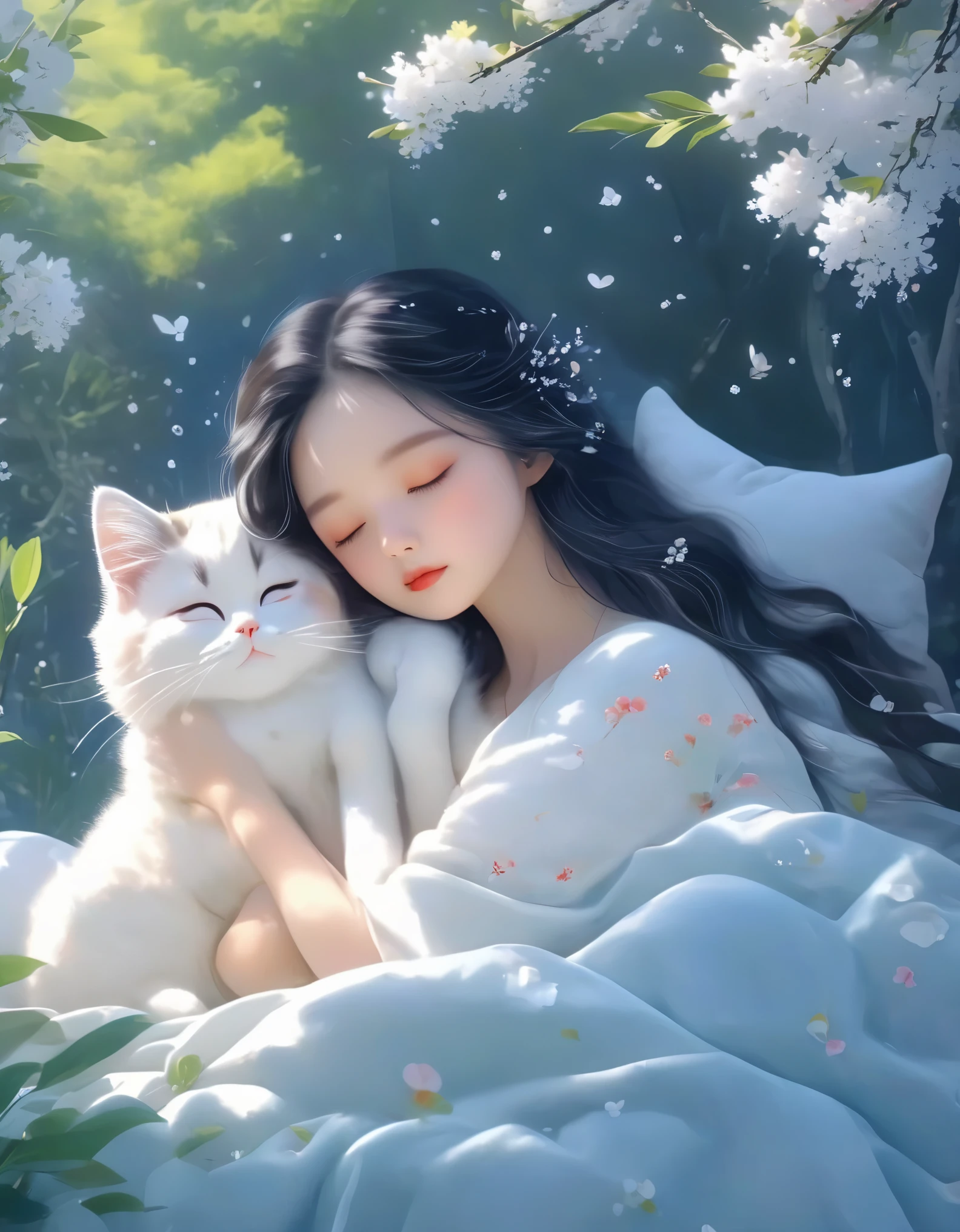 (Best Quality,4K,8K,HD,Masterpiece:1.2),Super Detailed,Realistic:1.37,Illustration,Studio Ghibli Inspired,Bed Scene,(Girl,Black Hair,Lazily Nuzzling Cat Sleeping in the Morning),Laziness,Adorable,Detailed Eyes,Detailed Lips,Reluctant,Wanting to Sleep,Two Laziness Cats,The Essence of Spring,Spring Flowering Trees,Spring Flowers,Cherry Blossoms,Bright Colors. Warm sunshine, soft light, cozy atmosphere, energetic, youthful.