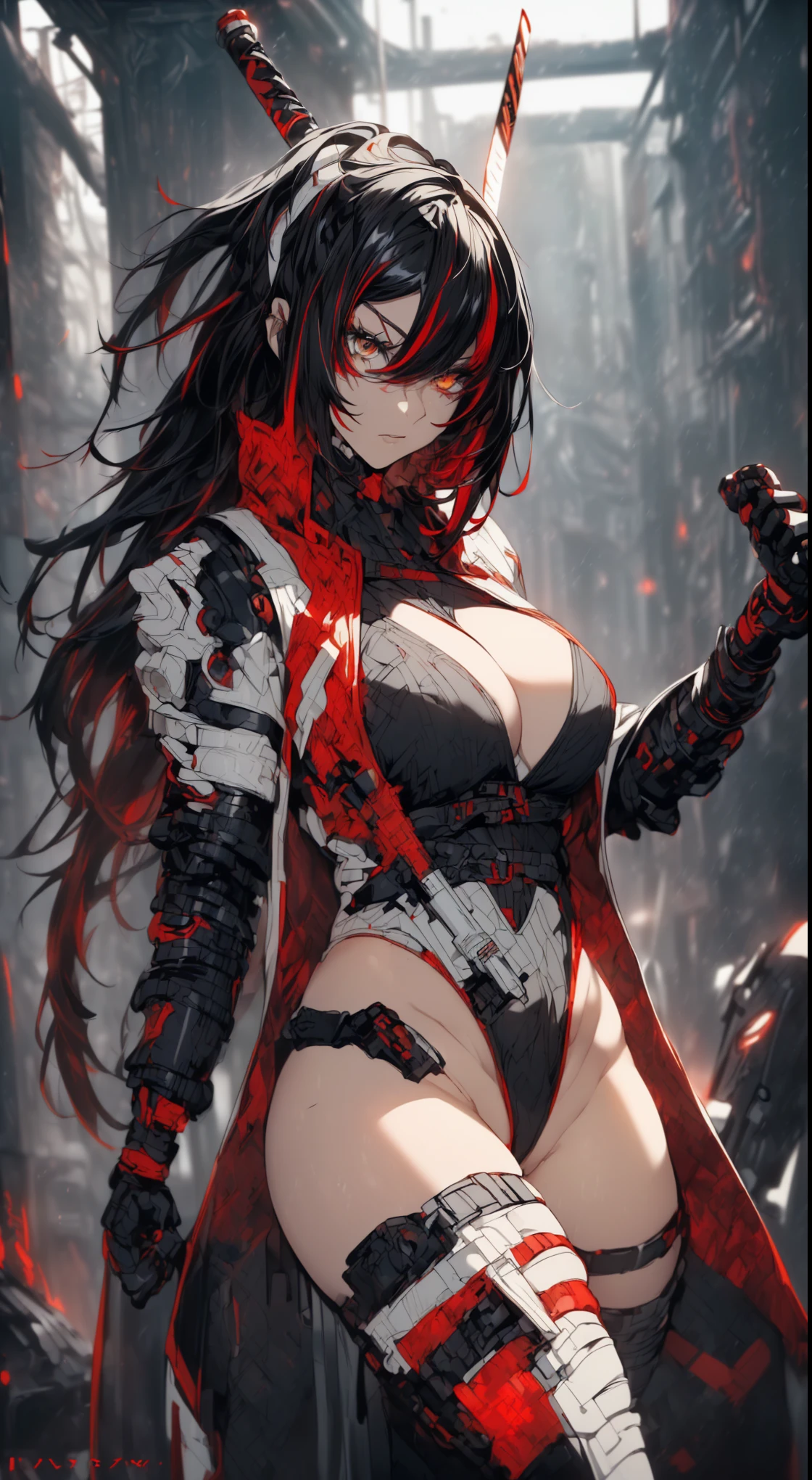 ((best quality:1.3), (high detail:1.2), masterpiece, anime)) (solo) ((black hair:1.8), (hair with red and white highlights:1.7), (very long hair)), ((heterochromia_eyes_red_and_grey:1.4)), thick thighs, huge breasts, muscular, athletic, ((cyborg body:1.3), (Cyborg arms:1.4), (Cyborg legs:1.4)), ((highcut leotard:1.8), one-piece, (red_black_outift:1.3,) cleavage), (Ninja-style Jacket:1.6), (headgear, horn-like devices:1.1), toned body, 1 woman, (age 26), ((holding sword:1.6, katana, glowing)), beautiful, sexy, first rate body, (Lucia_Crimson_Weave:1.45), Lucia, cybersamurai