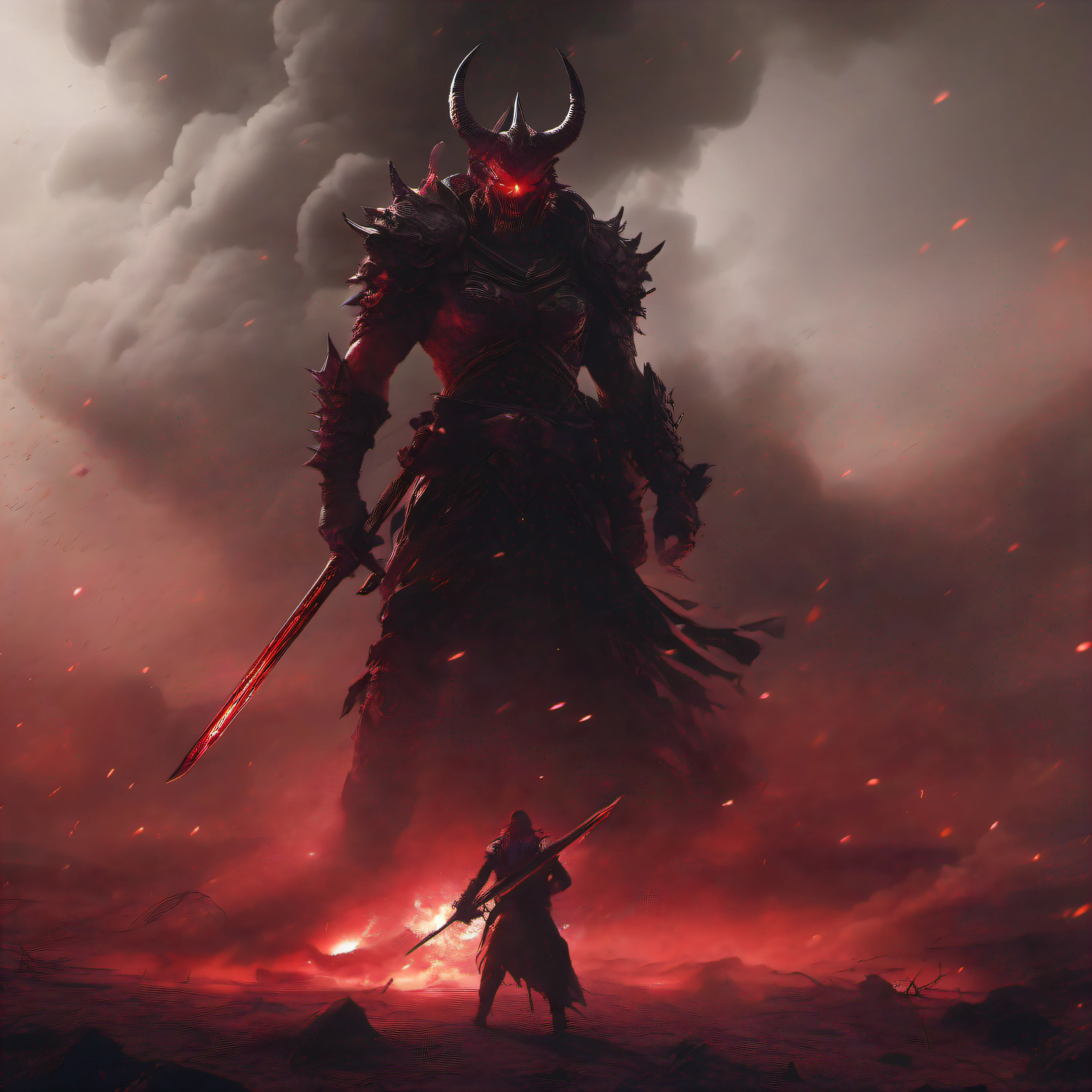 chef-d'artwork,La meilleure qualité au mieux,Very detailedCG,Complicated details,HIGH LEVEL OF DETAIL,Une haute résolution,k hd,Fond d'8k screen,A demon with a giant sword appears in the smoke,Wasteland Battlefield,Dark red tones,flamme,dense smoke,yeux rouge foncé et brillants