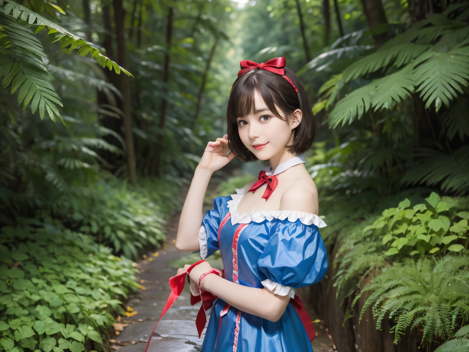 (alice in wonderland), 1-9-1, (She wears a large triangular ribbon on her head.), short hair, young woman, gentle smile, colorful clothes, in the deep forest, There is a large stump