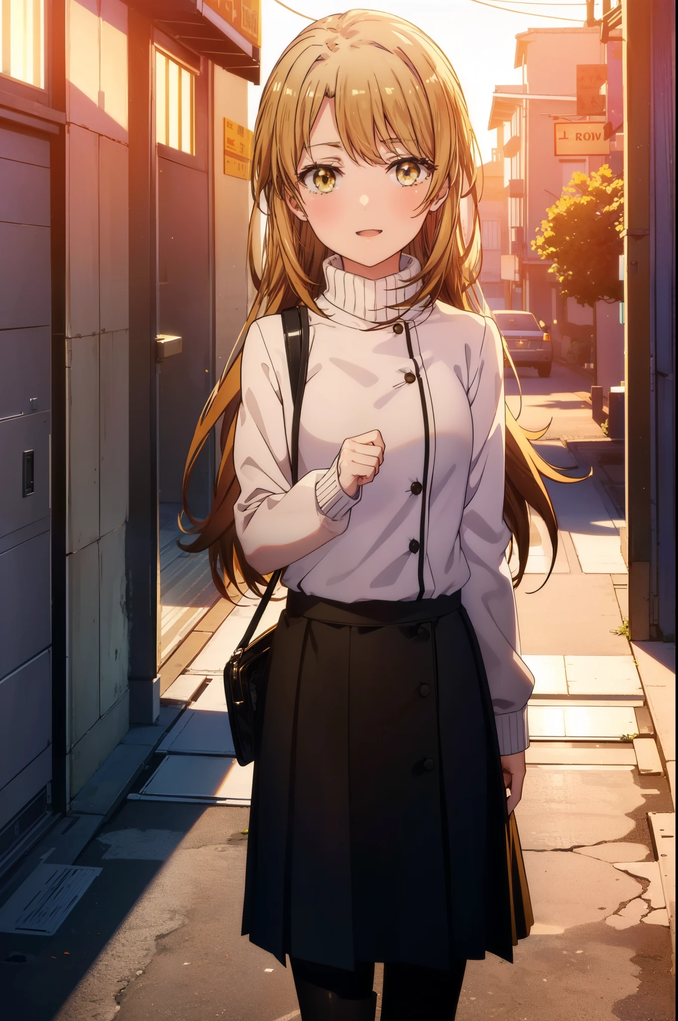 irohaisshiki, Isshiki Iroha, long hair, brown hair, (brown eyes:1.5), happy smile, smile, open your mouth, Are standing,From above,yellow long coat,White turtleneck,black long skirt,Mini Boots,evening,sunset,the sun sets,whole bodyがイラストに入るように,
break outdoors, city,building street,
break looking at viewer,whole body, (cowboy shot:1. 5)
break (masterpiece:1.2), highest quality, High resolution, unity 8k wallpaper, (shape:0.8), (beautiful and detailed eyes:1.6), highly detailed face, perfect lighting, Very detailed CG, (perfect hands, perfect anatomy),