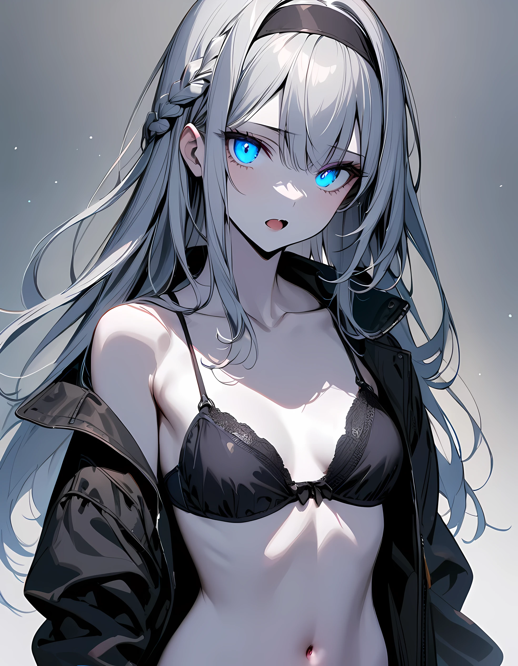 detailed, (masterpiece:1.2), (pale_skin:1.2), (solo:1.2), (female), slender, (glowing_eyes), (bright_eyes), long hair, open mouth, bangs, blue eyes, navel, collarbone, jacket, braid, grey hair, hairband, stomach, (bikini_top), black bra, strap slip