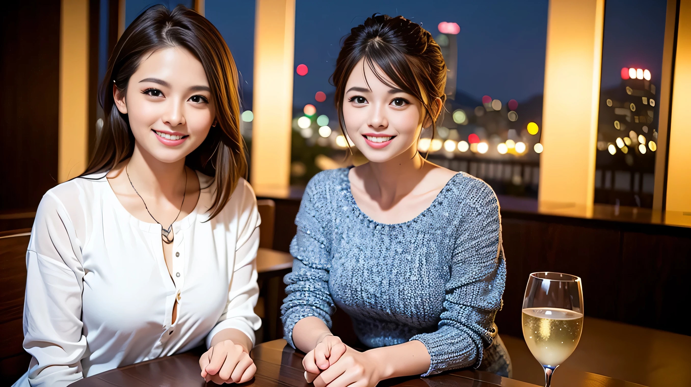 K, UHD, highest quality, masterpiece: 1.2), (realistic, photorealistic: 1.37), Spectacular view of the sunset sky and clouds、Amazing mountain views、A bright smile、3 slim beauties, (slim face),Happy、 the best smile、Fox face、Berry Short、(because I'thin), (brown hair), (shortcut), long sleeve shirt、winter fashion、Japanese、Dutch、German、Portuguese、Belgian、Italian、French,Champagne、sparkling wine、 (gush out), (slim body), (brown hair), (shortcut), neat beauty、cheeks turn a little red, (42 years old), 38 years old, alone, A beautiful and detailed night view spreads out outside the window...., restaurant, wine glass is sitting, At night, in a prominent place (from the Upper body) nova frog style, actress, model, Upper body, White wine, slim, wine glass, Very beautiful night view, wine glass Put in the Middle, Happy smile, (smile: 1.15),