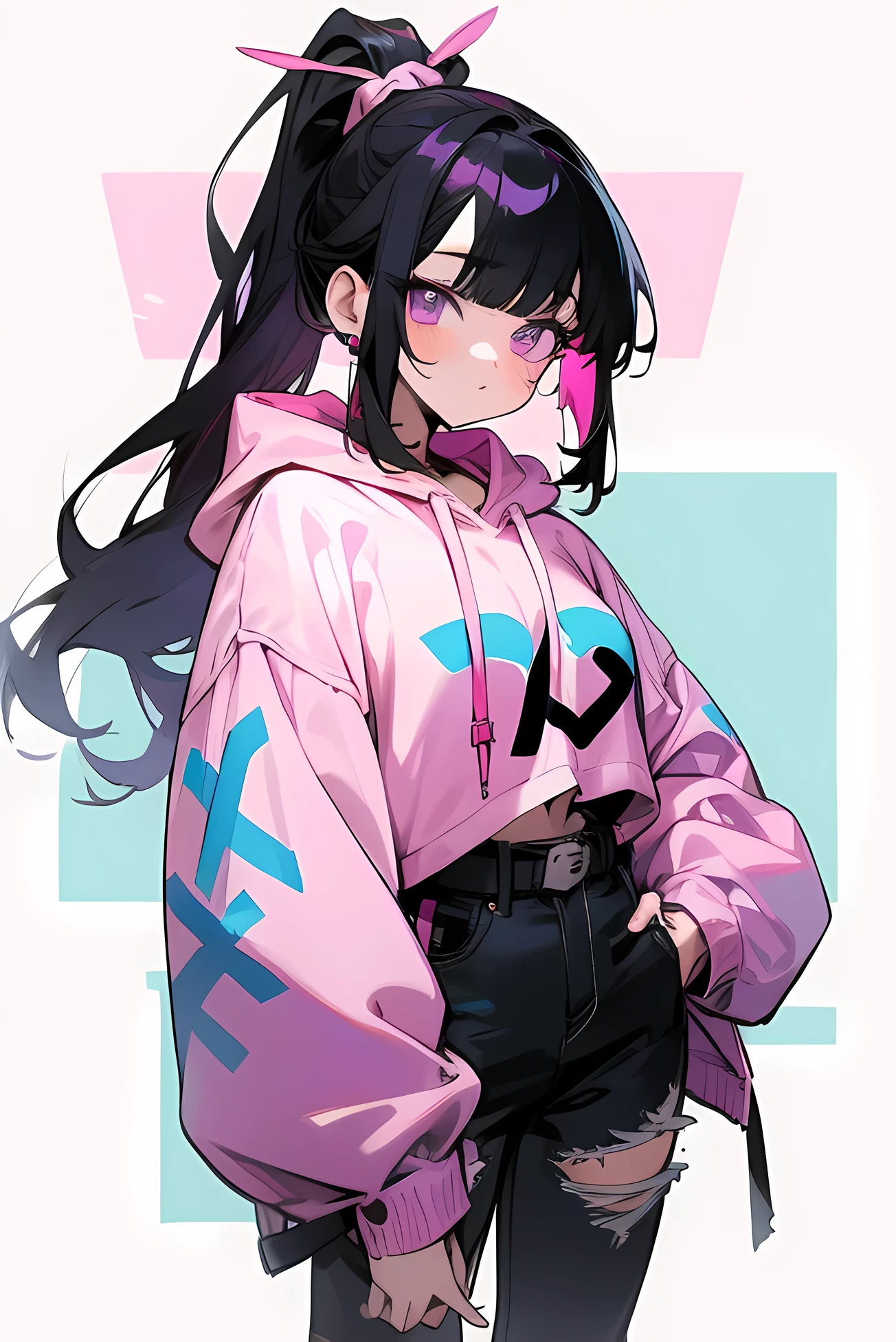 mid twenties anime girl with purple eyes and black hair tied up in a ponytail, her bangs highlighted pink sticking out, wearing a pastel pink hoodie with the letters "XuKiFPS" written across the chest of the hoodie in black hot pink and light blue. shes also wearing ripped blue jeans and a belt